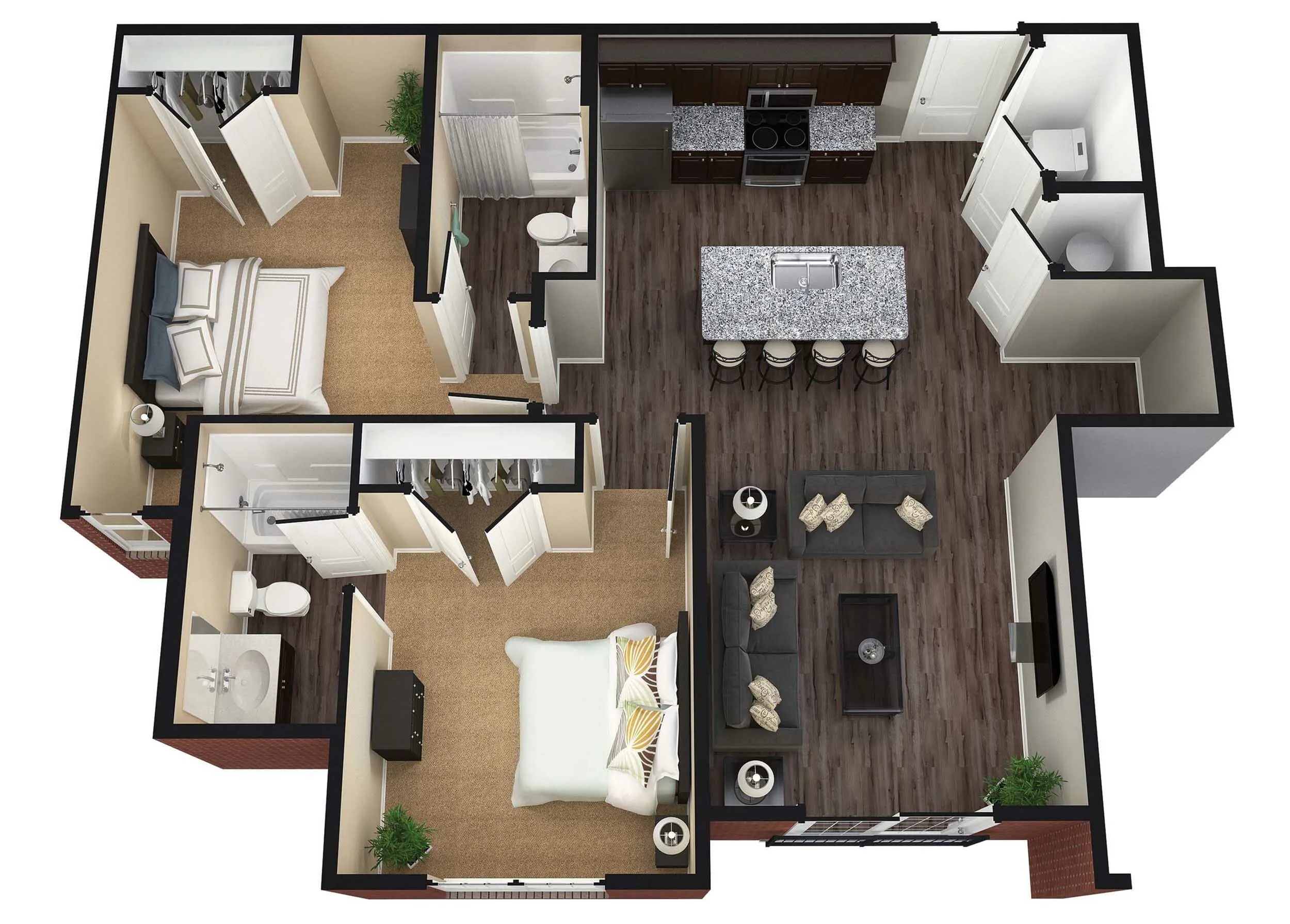 Elegant 3D floor plan showcasing two bedrooms, modern open kitchen, and stylish living room with hardwood floors.