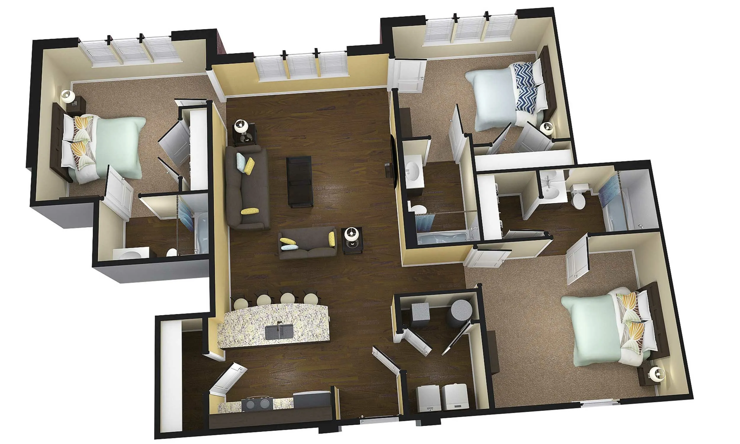 Modern 3D floor plan showcasing 2 cozy bedrooms, inviting open-concept living area, sleek kitchen with breakfast bar, and spacious bathrooms.
