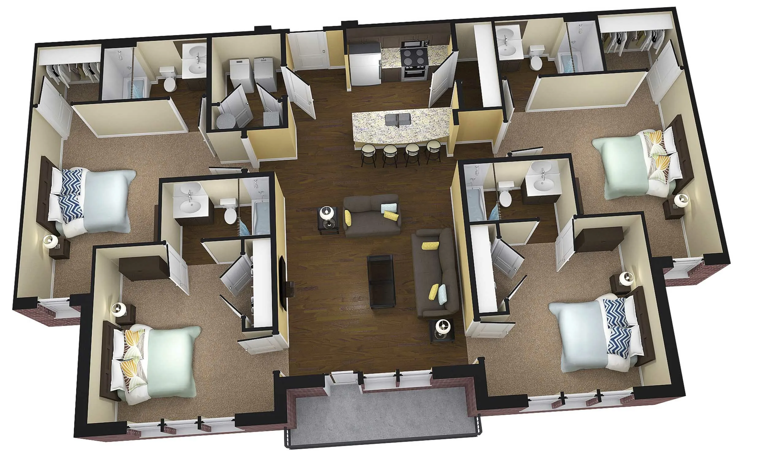 Modern 3D floor plan showcasing 3 cozy bedrooms, an elegant open-concept living room, fully equipped kitchen with breakfast bar, and two sleek bathrooms.