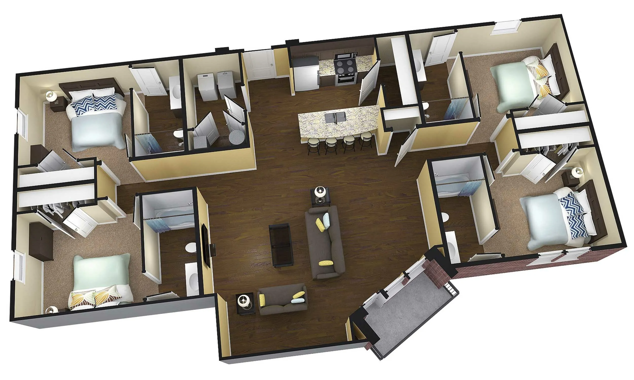 Modern 3D floor plan showcasing three bedrooms, two bathrooms, open kitchen with island seating, and a cozy living area.