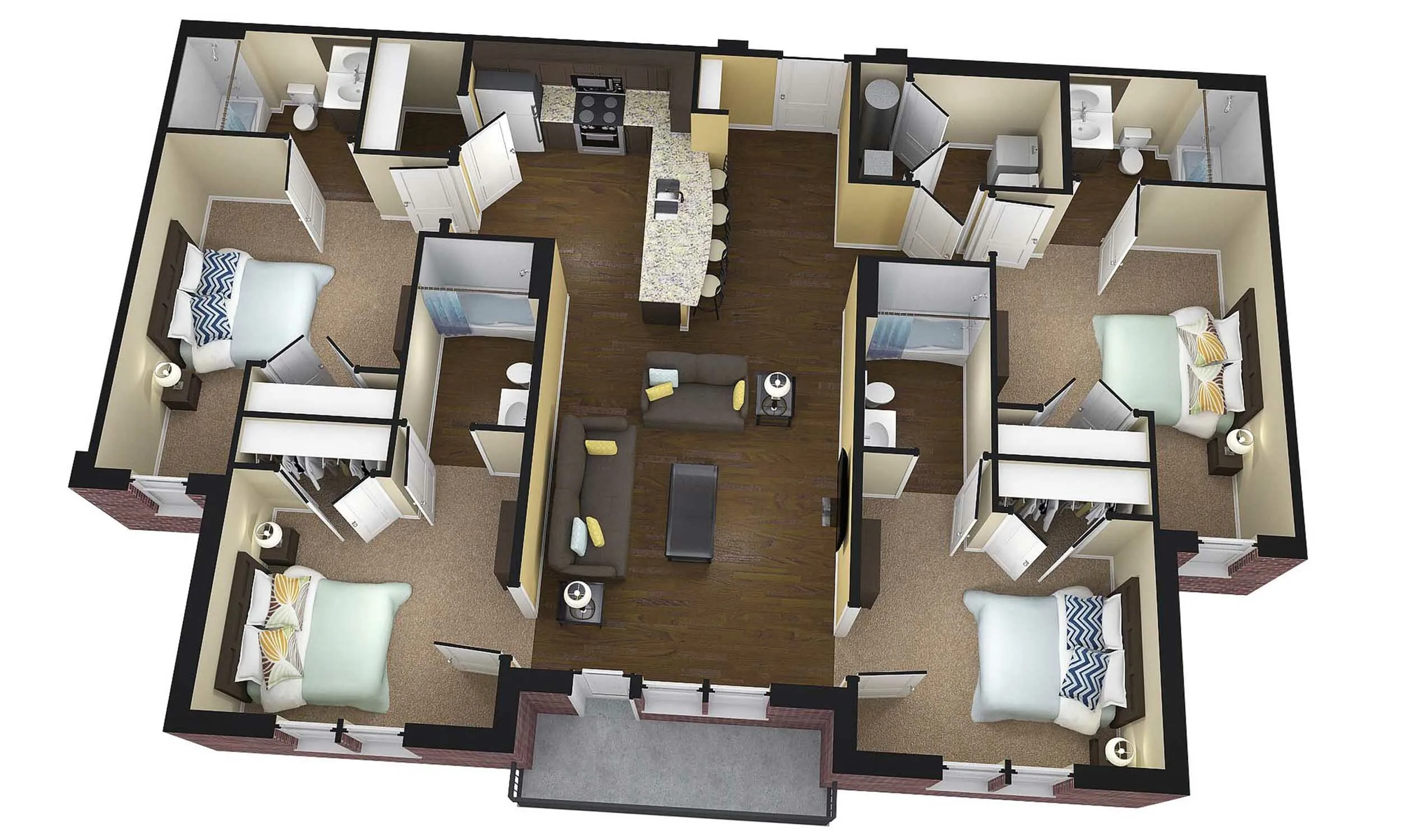Modern 3D floor plan showcasing 3 bedrooms, an open living area, and a stylish kitchen with a central island.