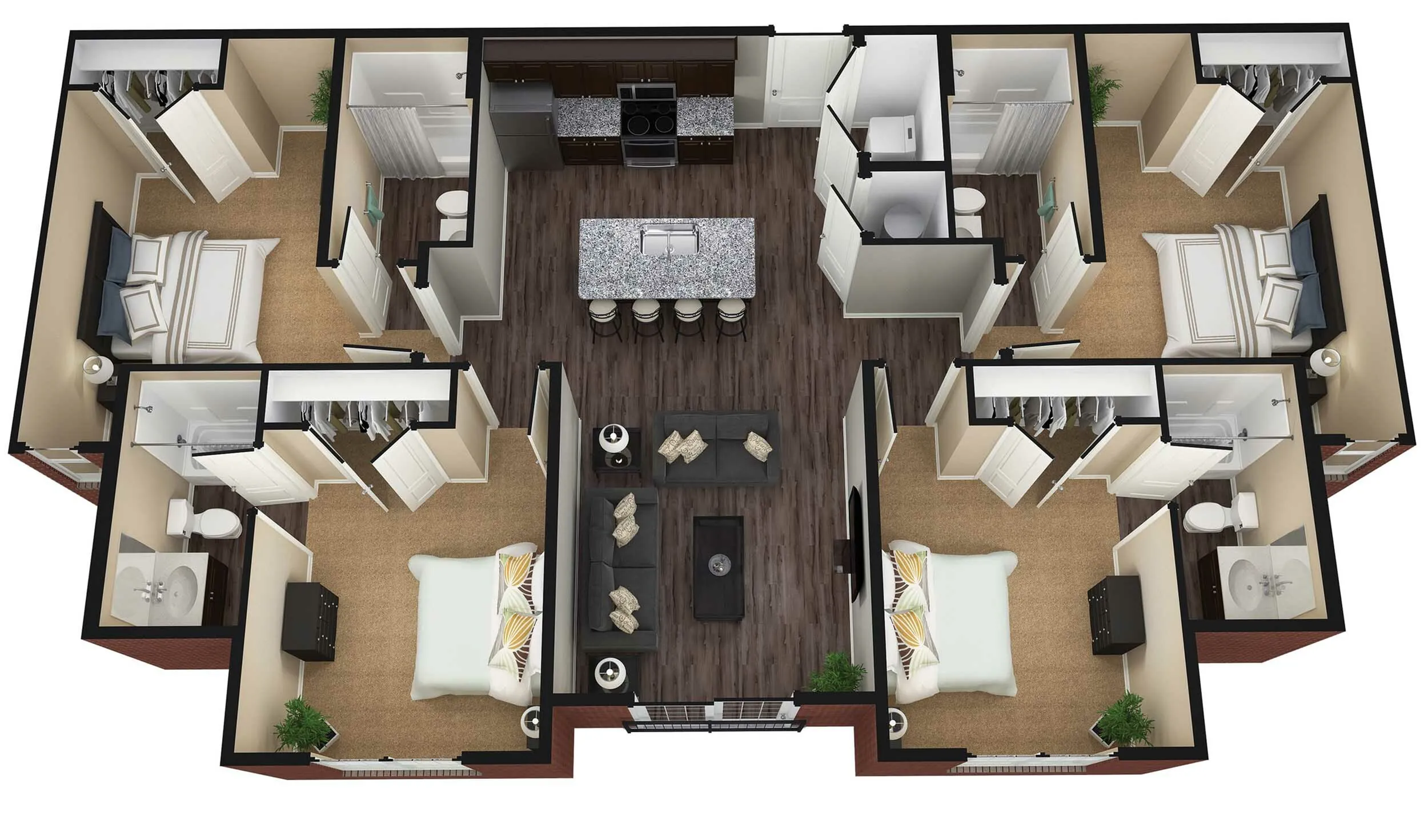Elegant 3D floor plan featuring 3 bedrooms, spacious living area, modern open kitchen with island, and cozy bathrooms.