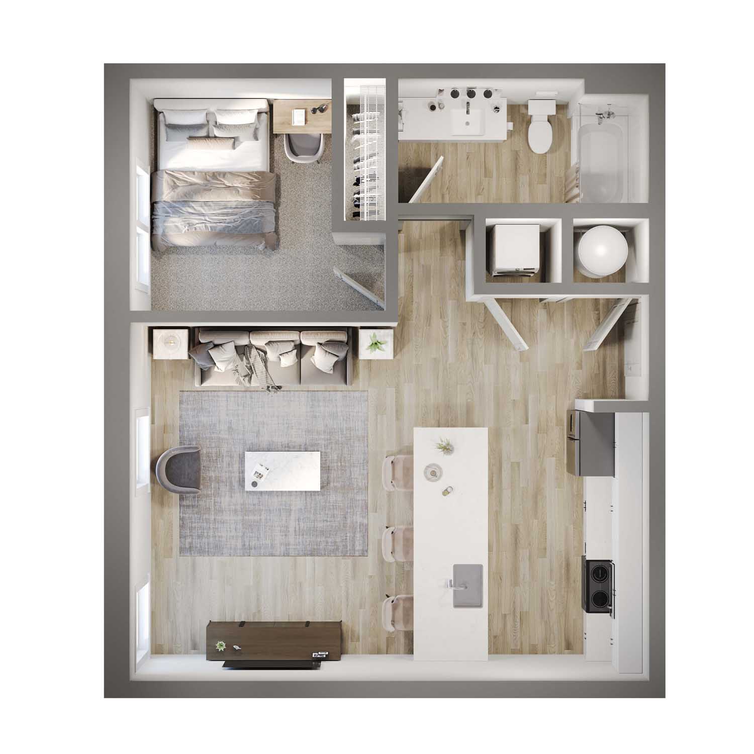 Modern 1-bedroom apartment floor plan showcasing an open-concept living area, chic kitchen, and sleek bathroom design.