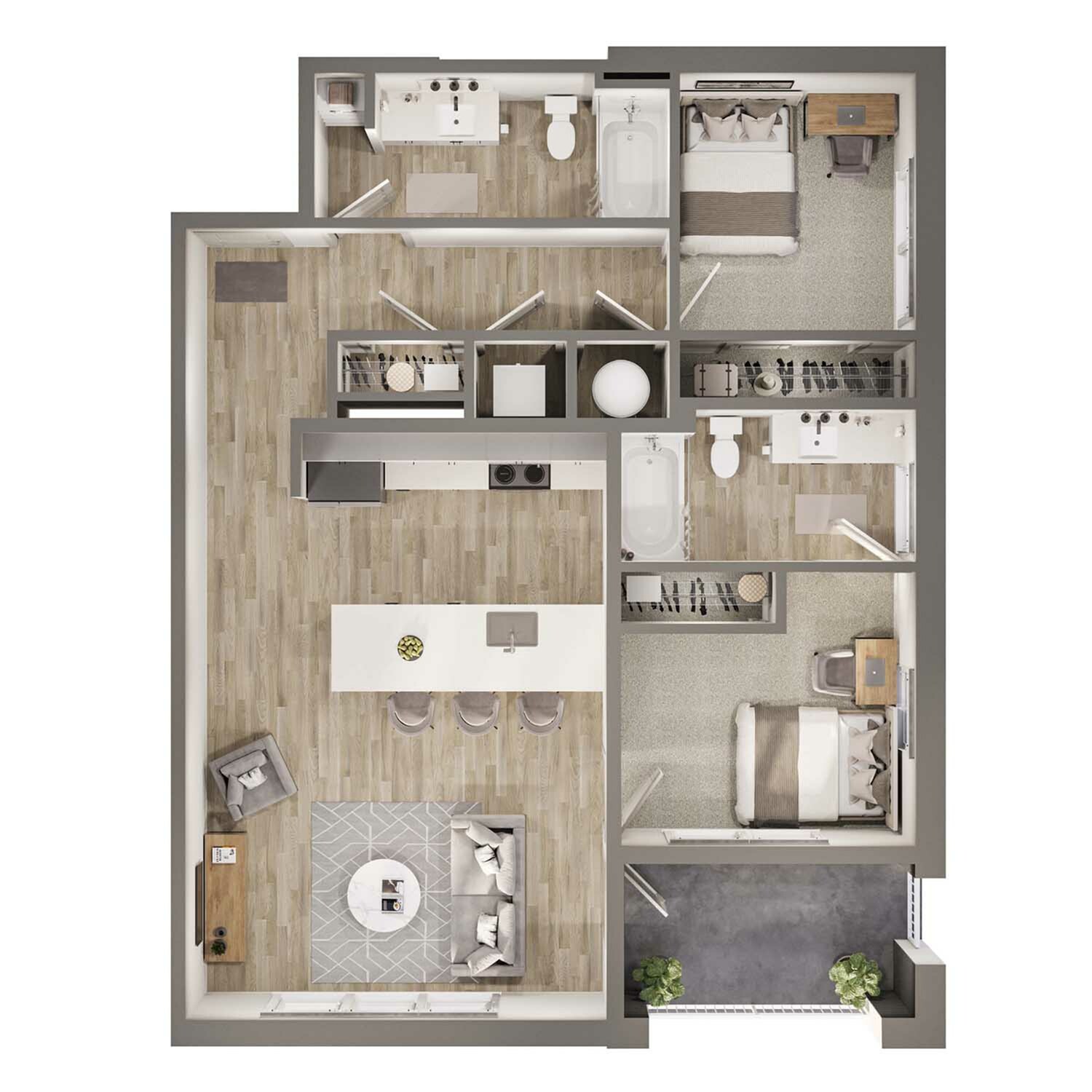 Modern 2D floor plan showcasing 2 bedrooms, open-concept kitchen and living area, and 2 bathrooms with a balcony.