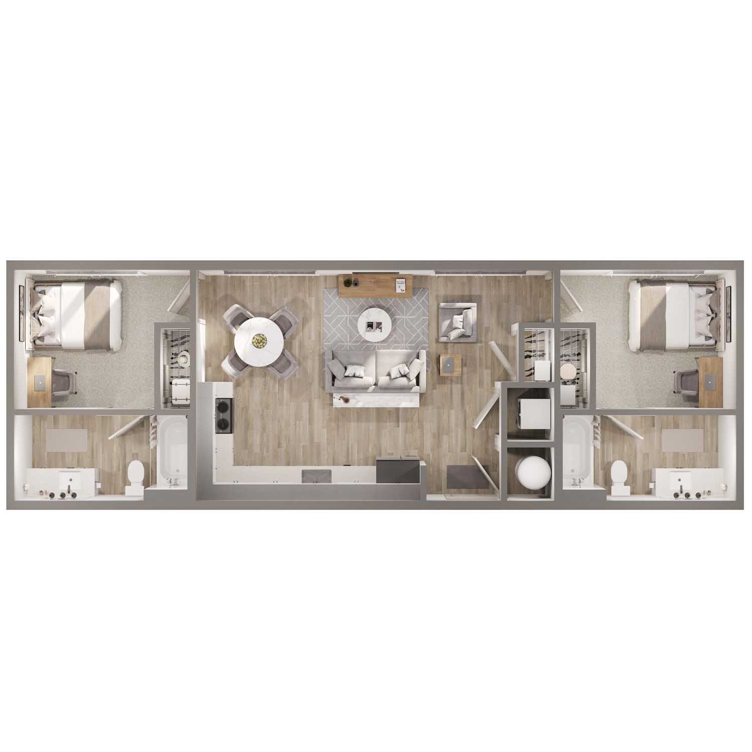 Elegant floor plan featuring two spacious bedrooms, contemporary open-concept living and dining area, and two modern bathrooms.
