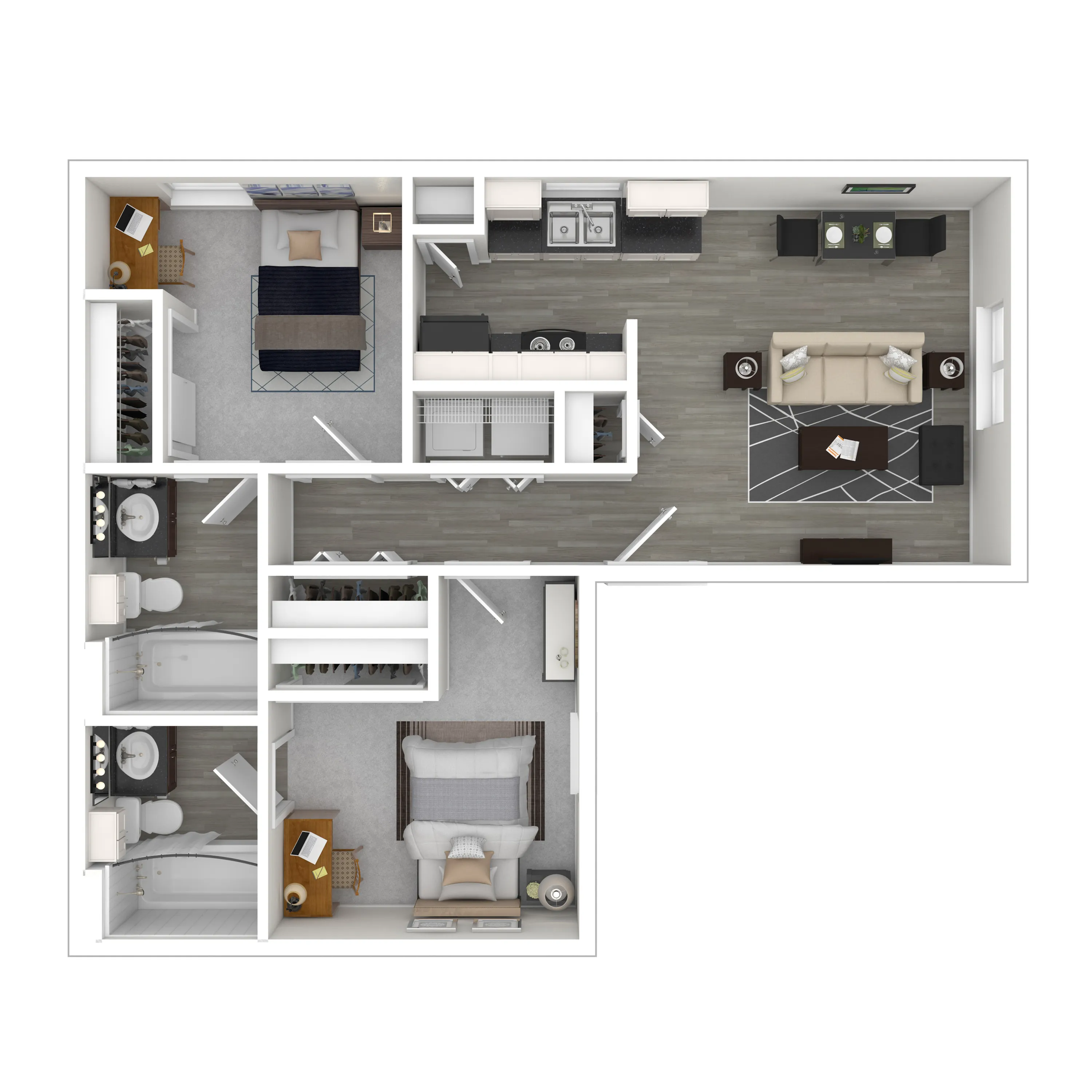 Modern L-shaped floor plan featuring two bedrooms, open living area, and sleek kitchen with ample storage.