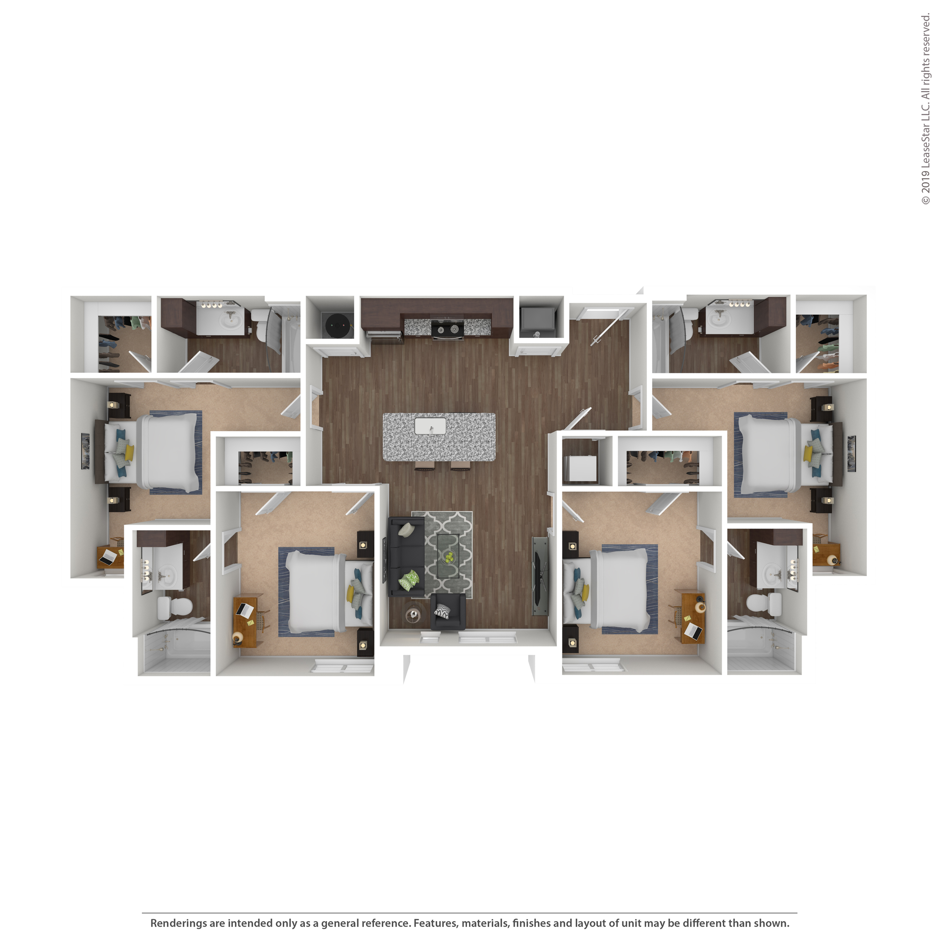 Modern 3D floor plan showcasing a spacious layout with three bedrooms, an expansive open-concept living and dining area, and a stylish central kitchen.