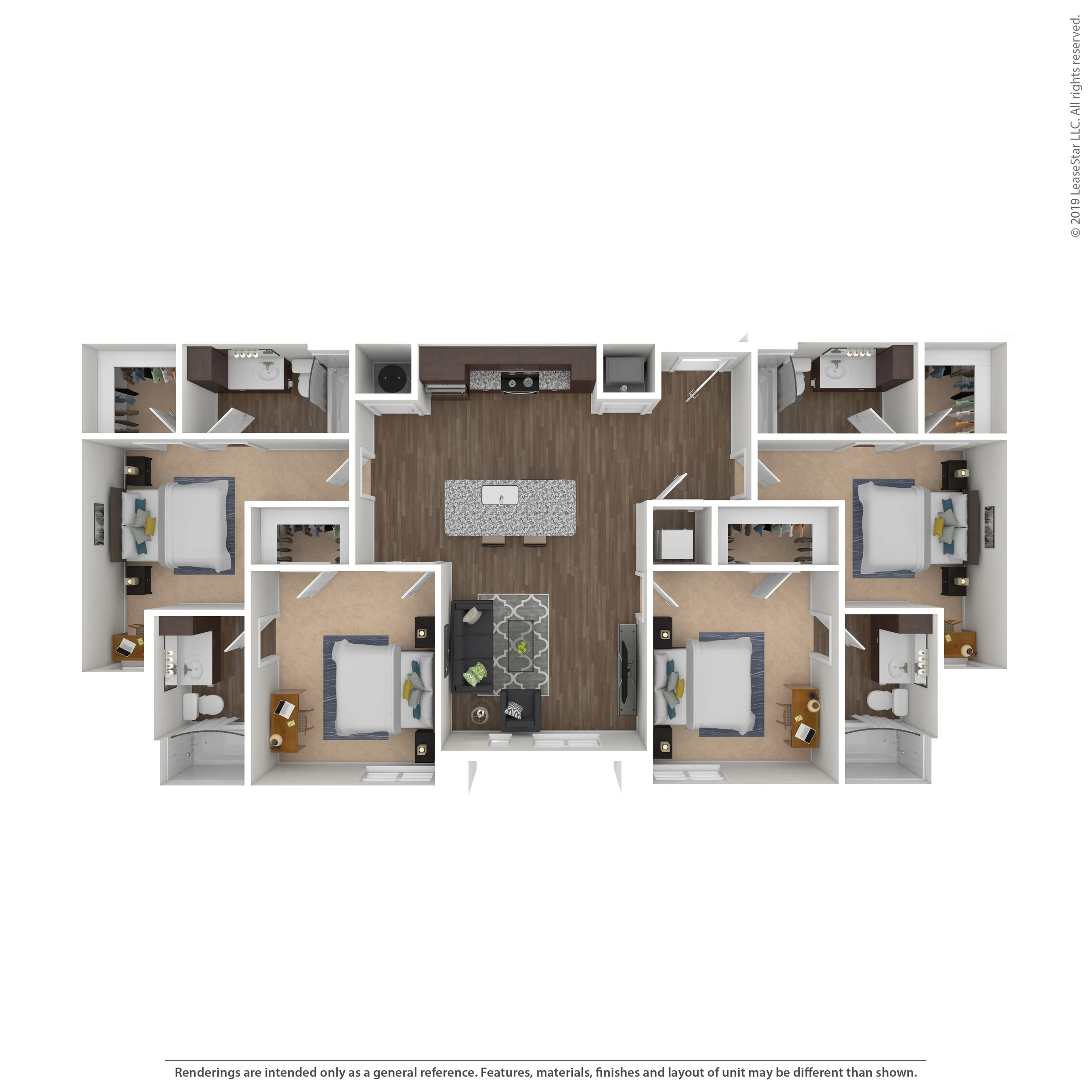 Spacious 3D floor plan showcasing a modern three-bedroom apartment with two bathrooms, a stylish open-concept living area, and a sleek kitchen with an island.