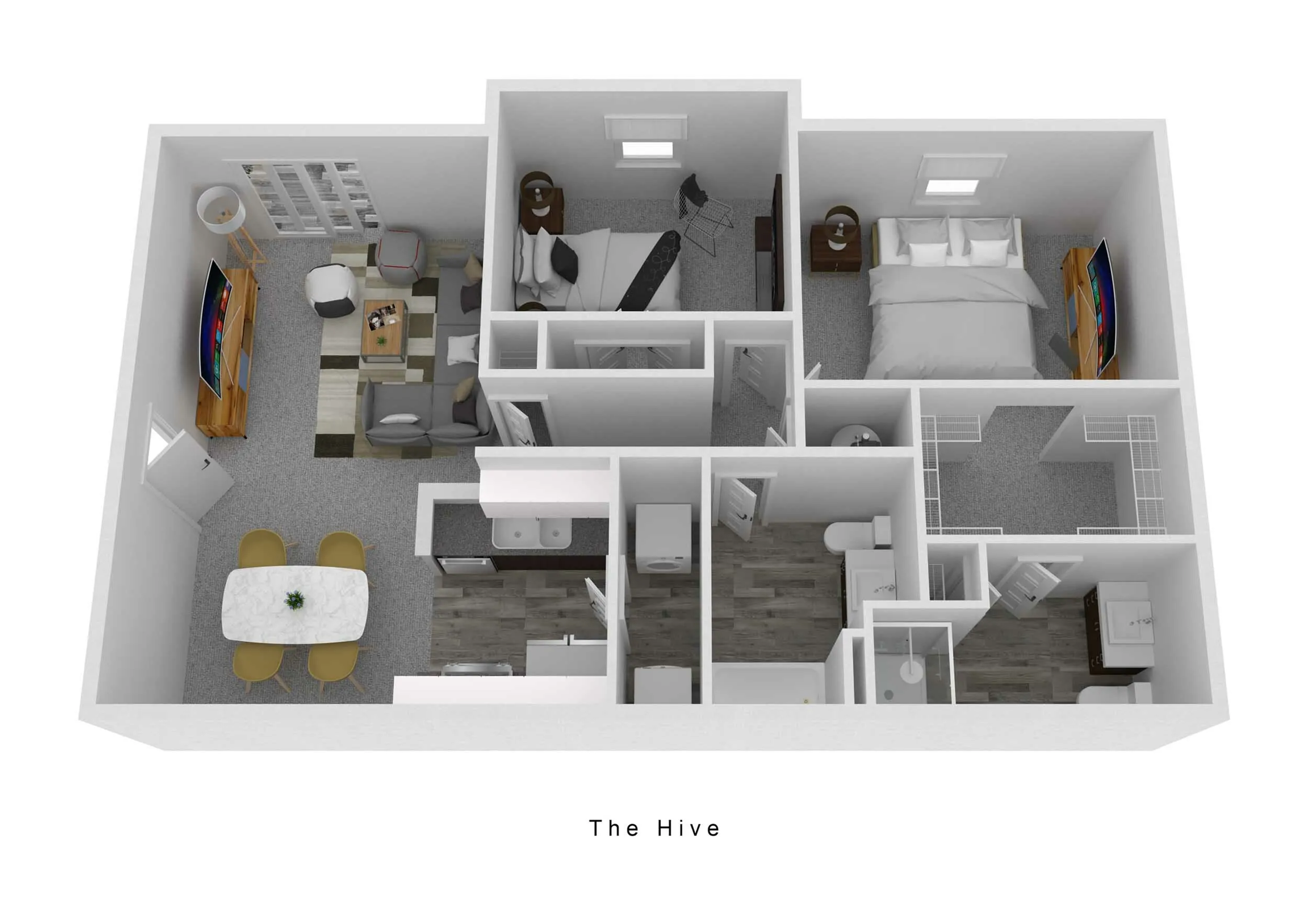 Charming 3D floor plan of \'The Hive\' featuring two bedrooms, a cozy living area with stylish furniture, modern kitchen, and two elegant bathrooms.