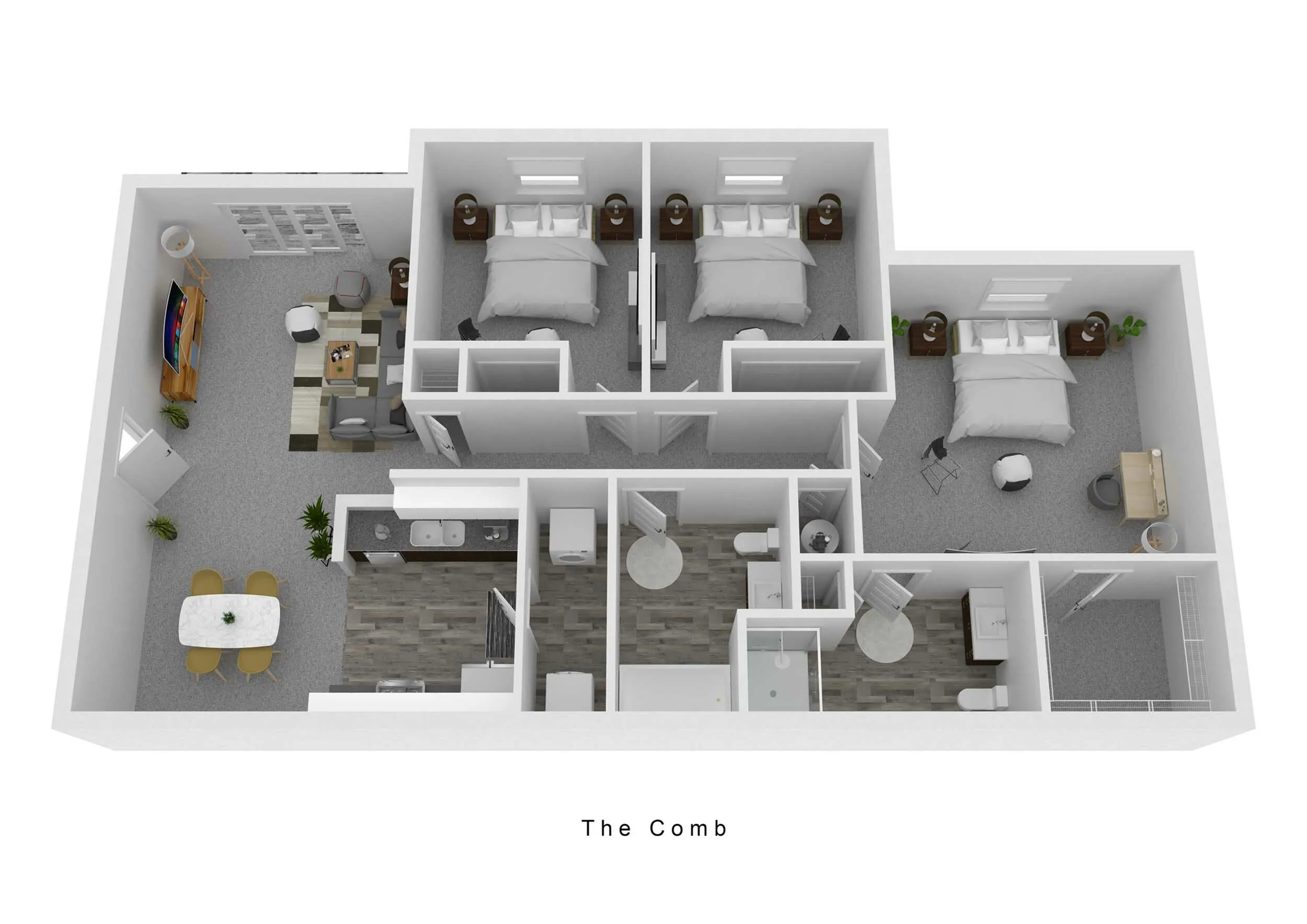Modern 3D floor plan of \'The Comb\' showcasing 3 bedrooms, a cozy living room, and a stylish kitchen with contemporary dining area.