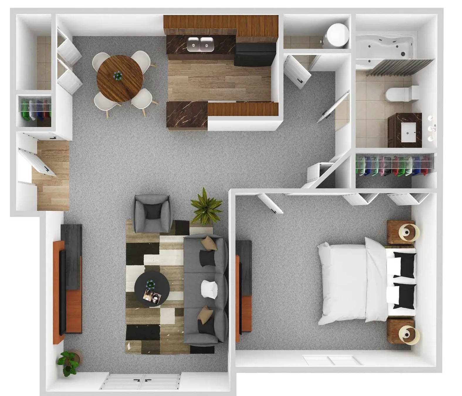 Elegant 3D floor plan featuring a cozy living room, modern kitchen, dining area, spacious bedroom, and stylish bathroom.