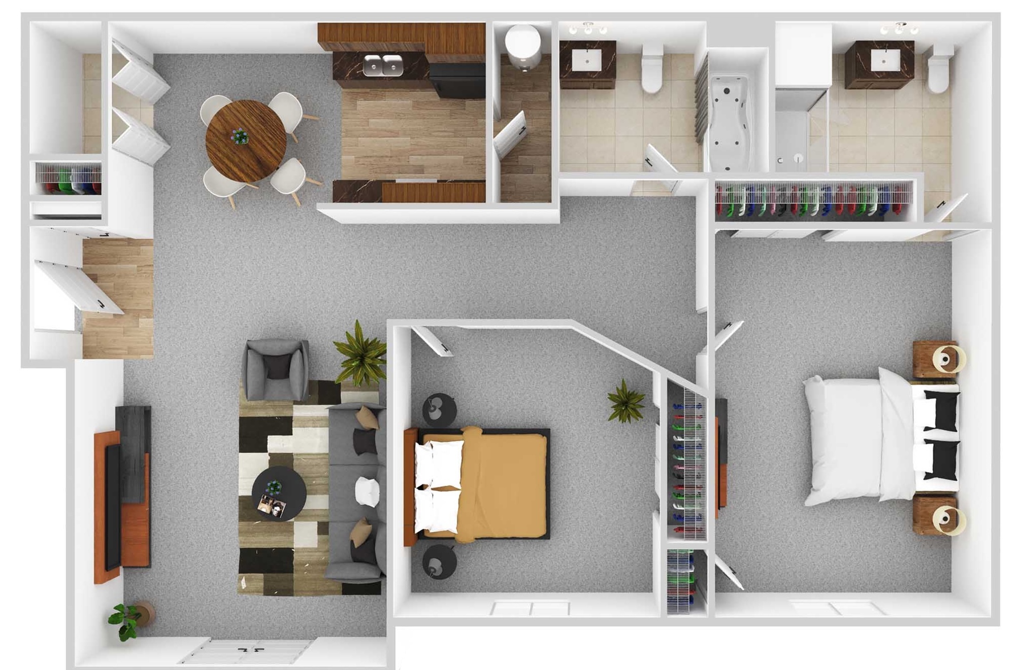Contemporary 3D floor plan showcasing two bedrooms, an open-concept living area, and a modern kitchen with adjacent dining space. Includes two bathrooms and a stylish layout for optimal comfort.