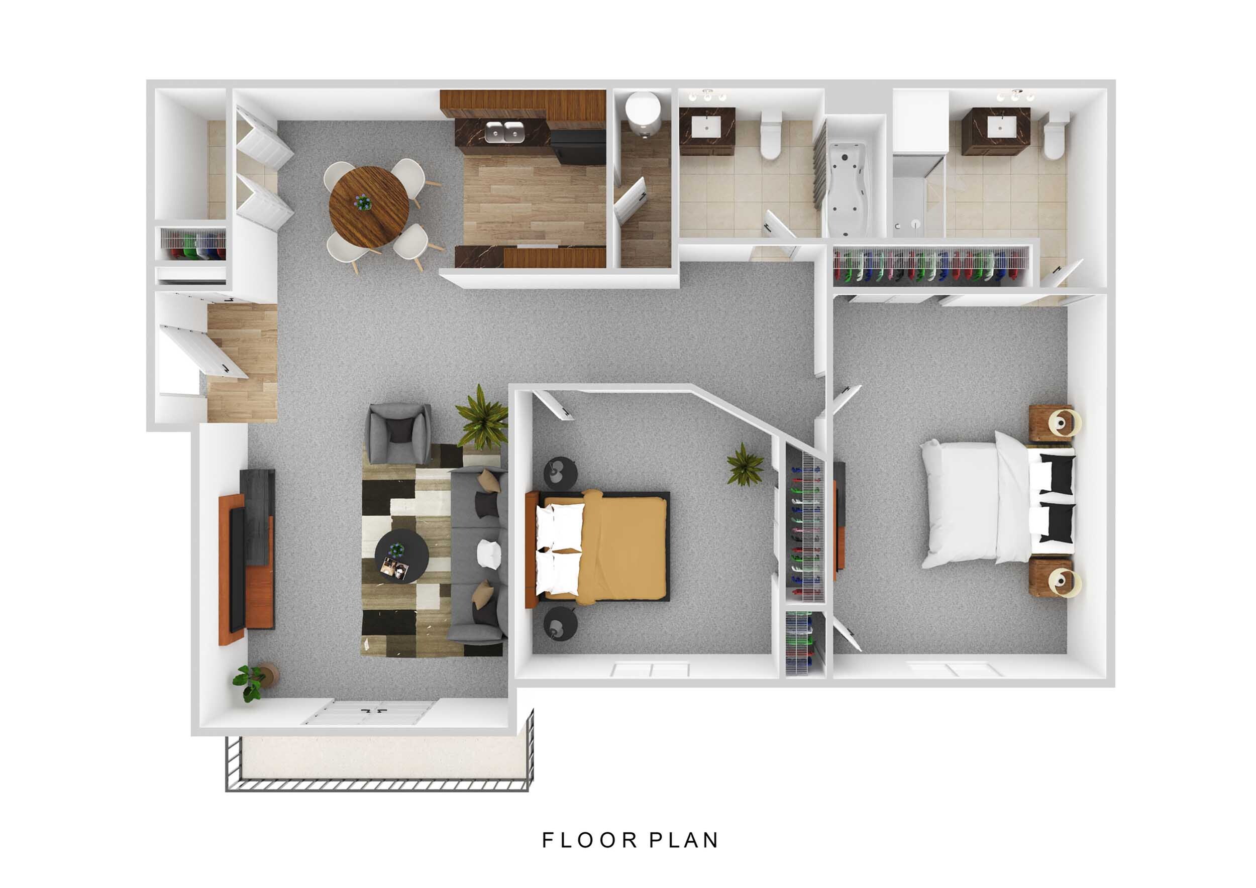 Modern 2D floor plan showcasing 2 bedrooms, an inviting living room, a fully-equipped kitchen, and a cozy dining area.