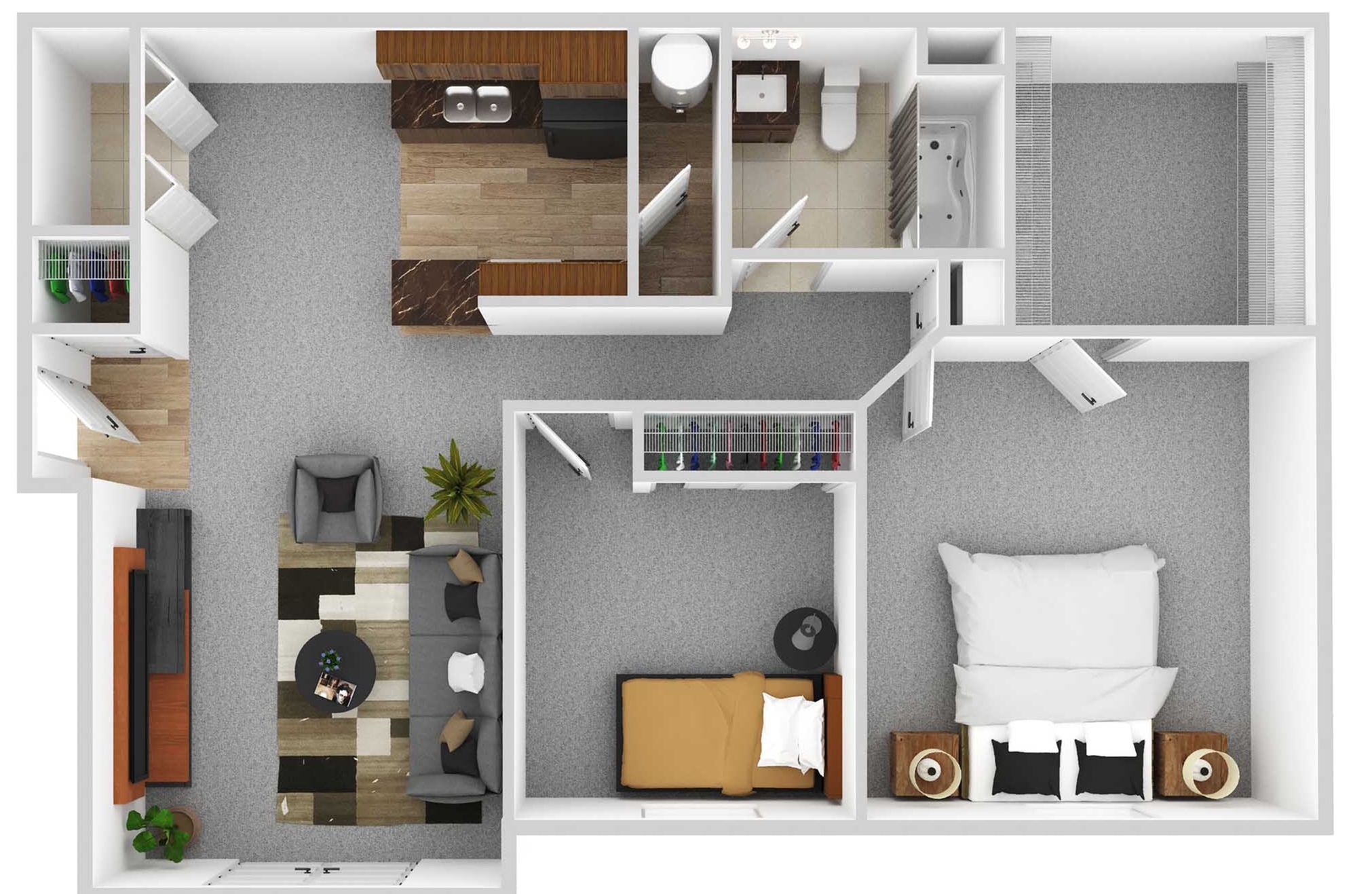 Modern 2D floor plan showcasing a spacious apartment with two bedrooms, a sleek kitchen, stylish living area, and convenient bathroom layout.