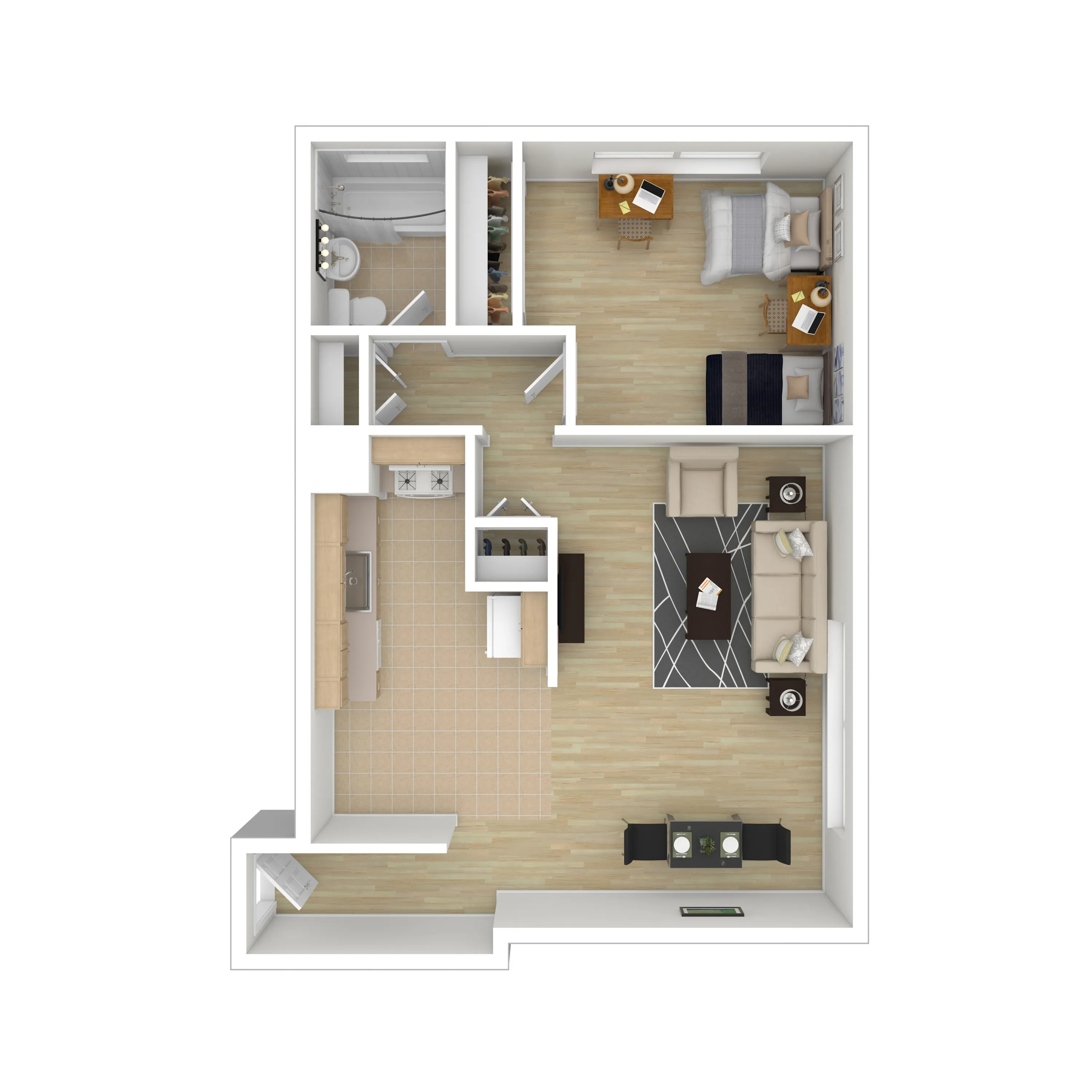 Contemporary floor plan featuring 1 bedroom, a spacious living area, a modern kitchen, and a sleek bathroom, perfect for urban living.