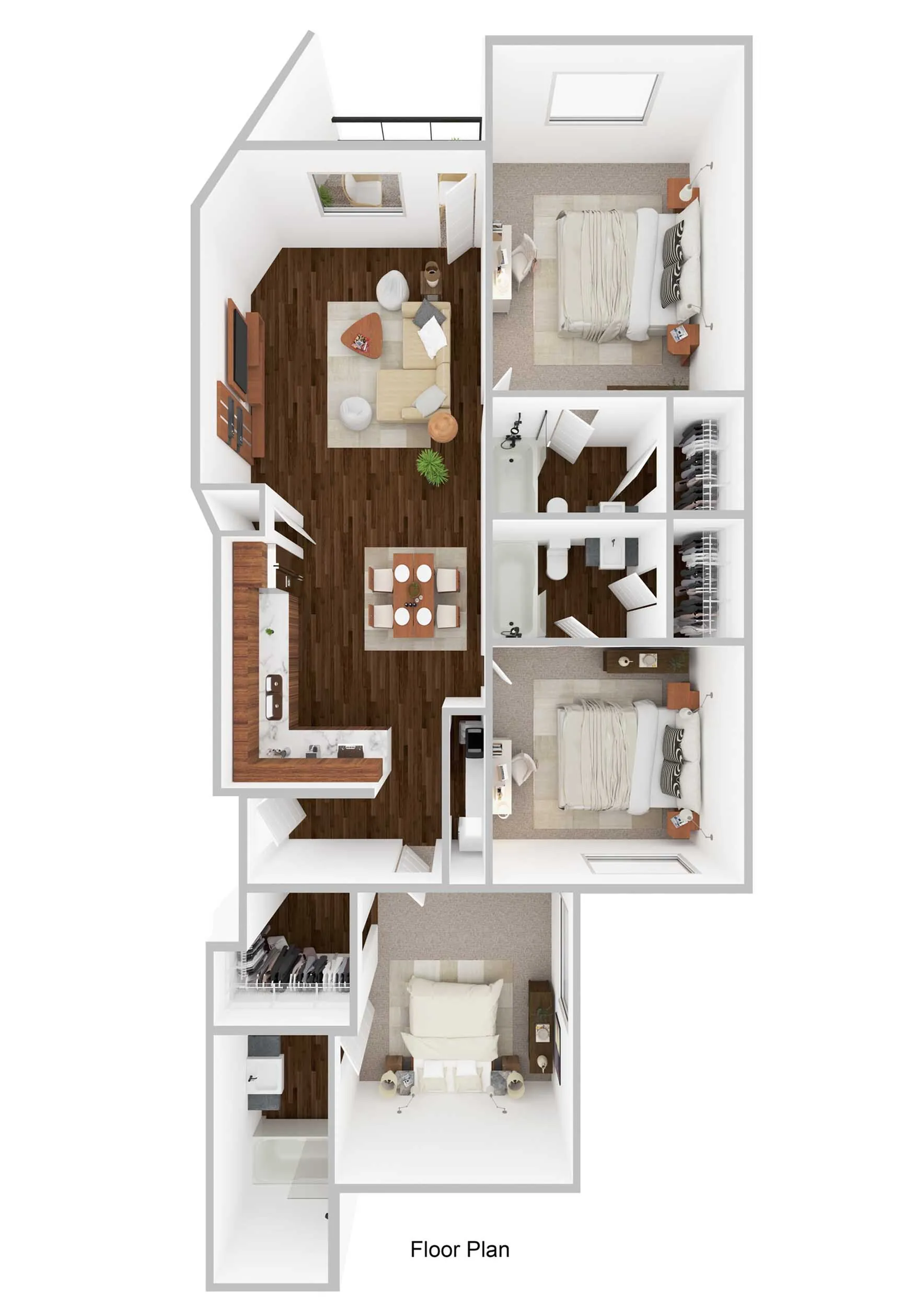 Modern floor plan featuring 3 bedrooms, a cozy living room, and a stylish kitchen with hardwood flooring.