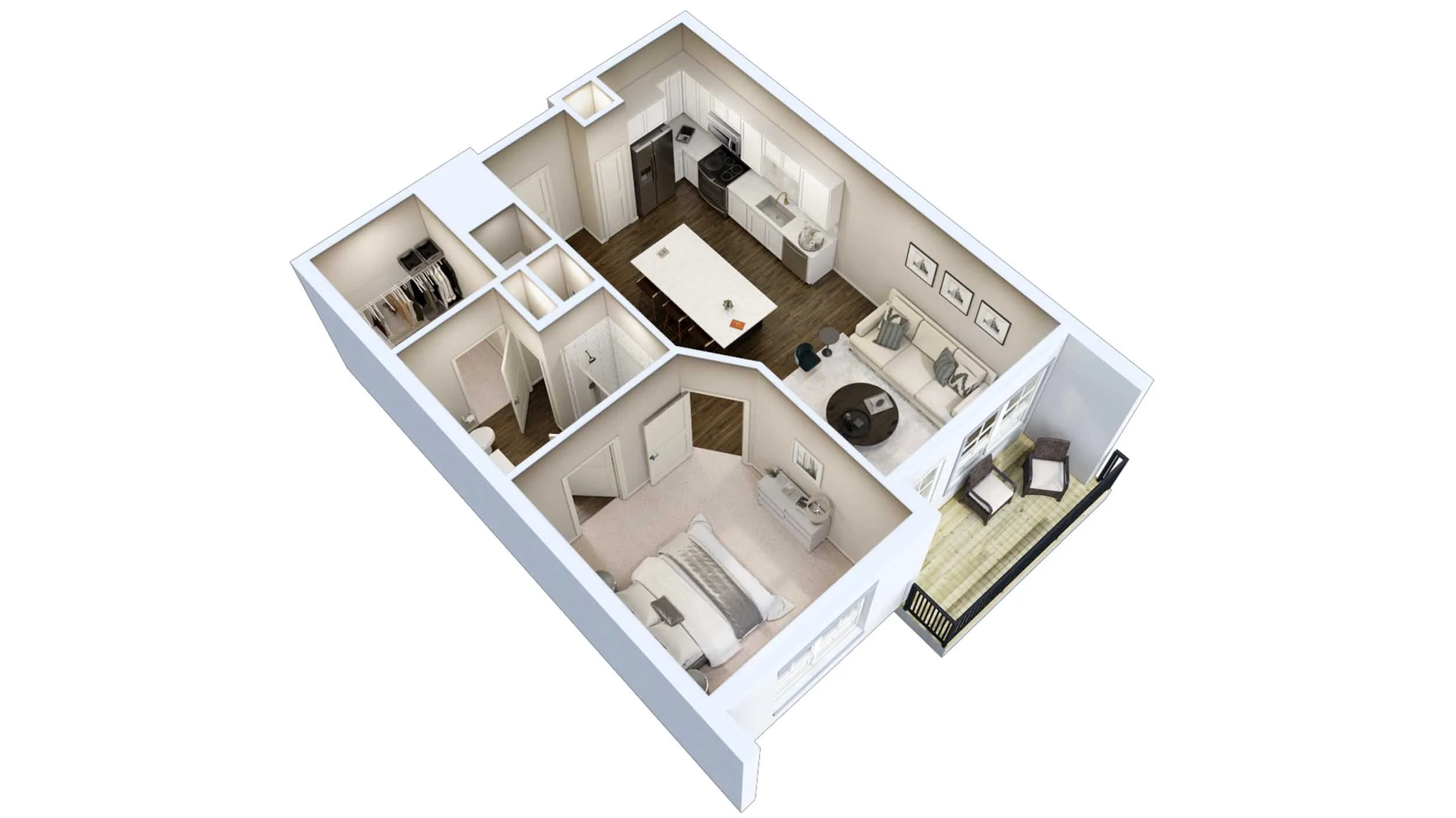 Elegant 3D apartment floor plan showcasing a cozy bedroom, modern kitchen, open living area, and inviting balcony space.