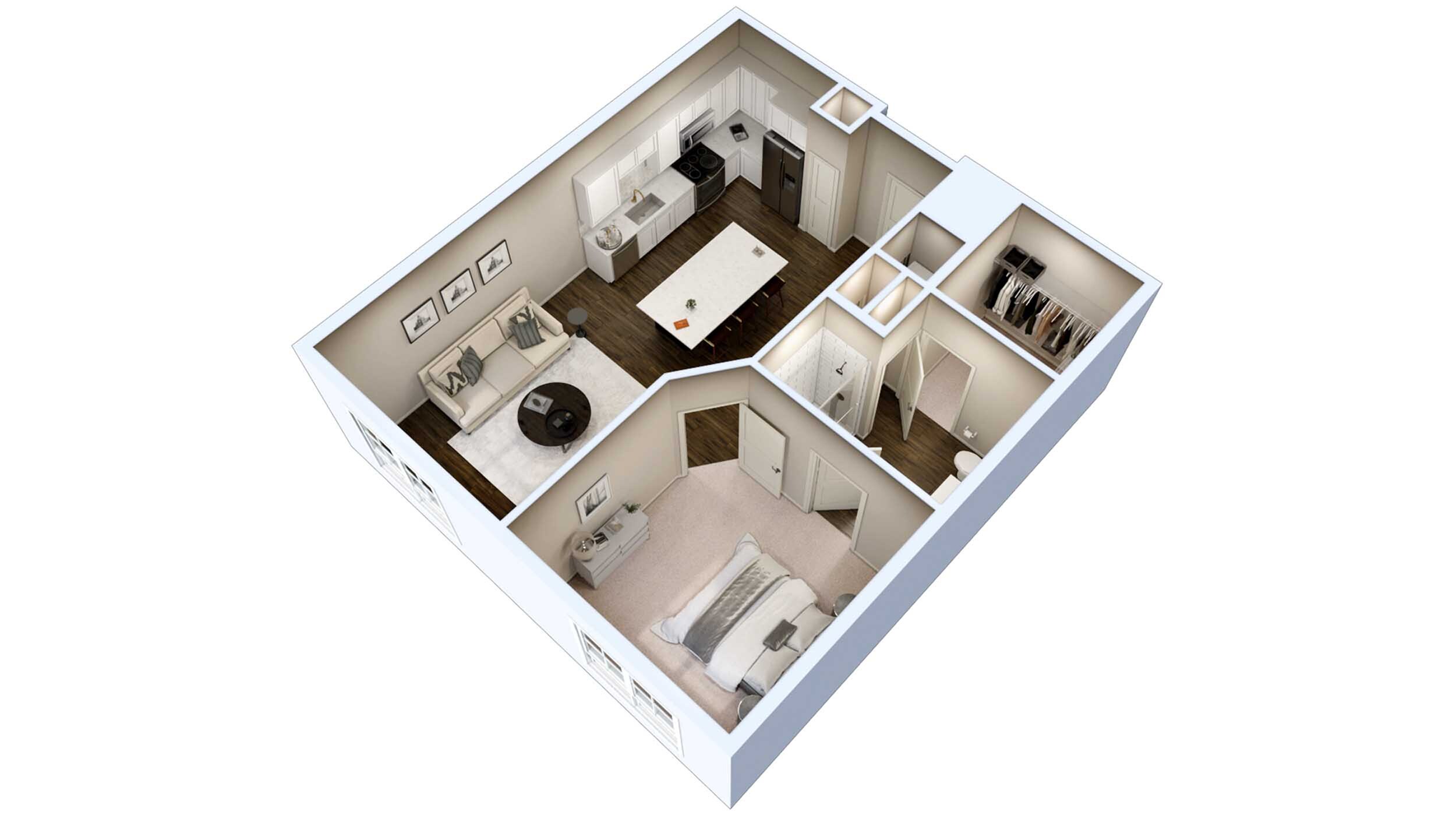 Modern 3D apartment layout featuring a spacious bedroom, sleek open-concept kitchen, cozy living area, and ample closet space.