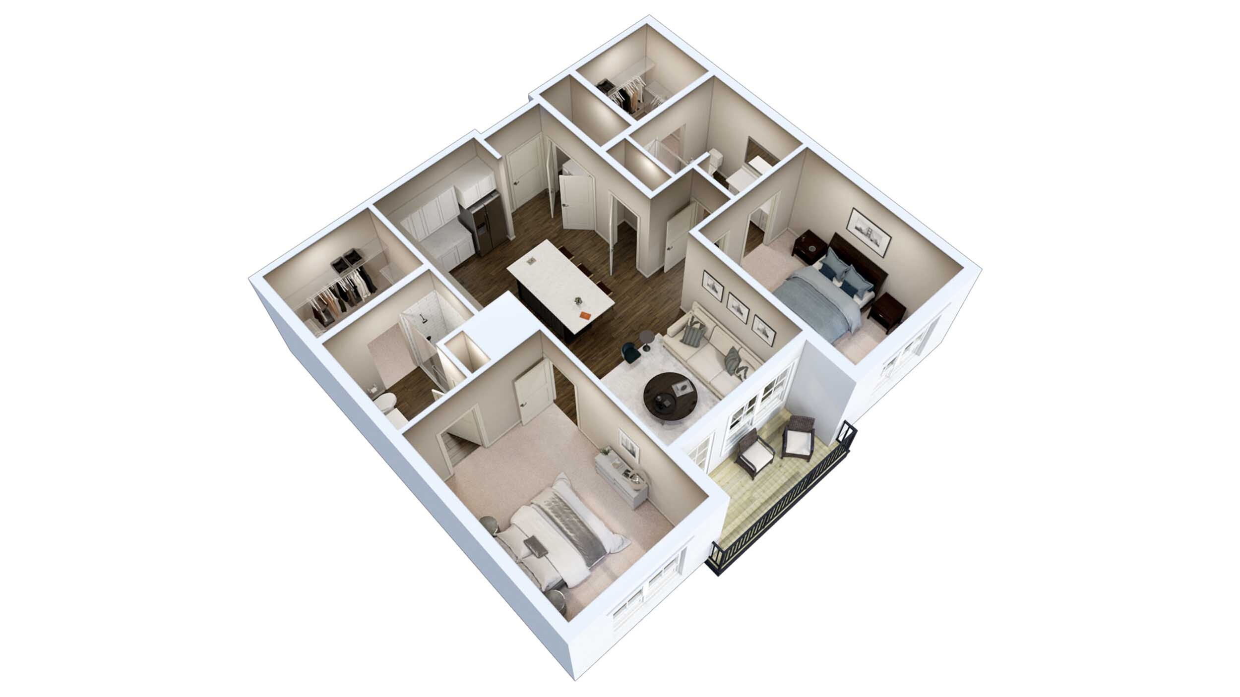 Modern 3D floor plan featuring two bedrooms, a stylish open-concept kitchen, and a cozy living area with an inviting balcony.