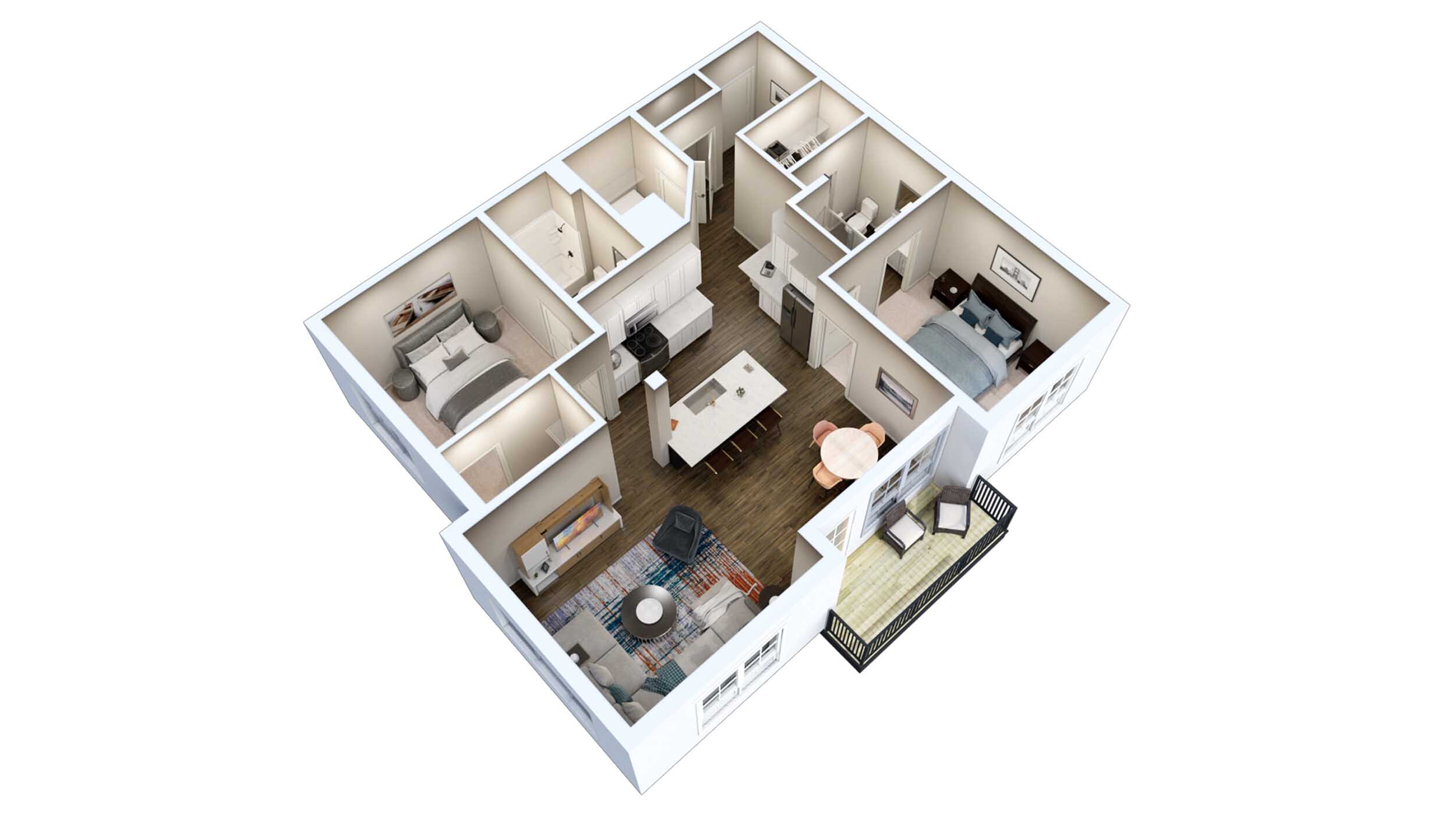 Modern 3D apartment layout featuring two cozy bedrooms, a stylish kitchen with an island, an open-plan living area, and a charming balcony.