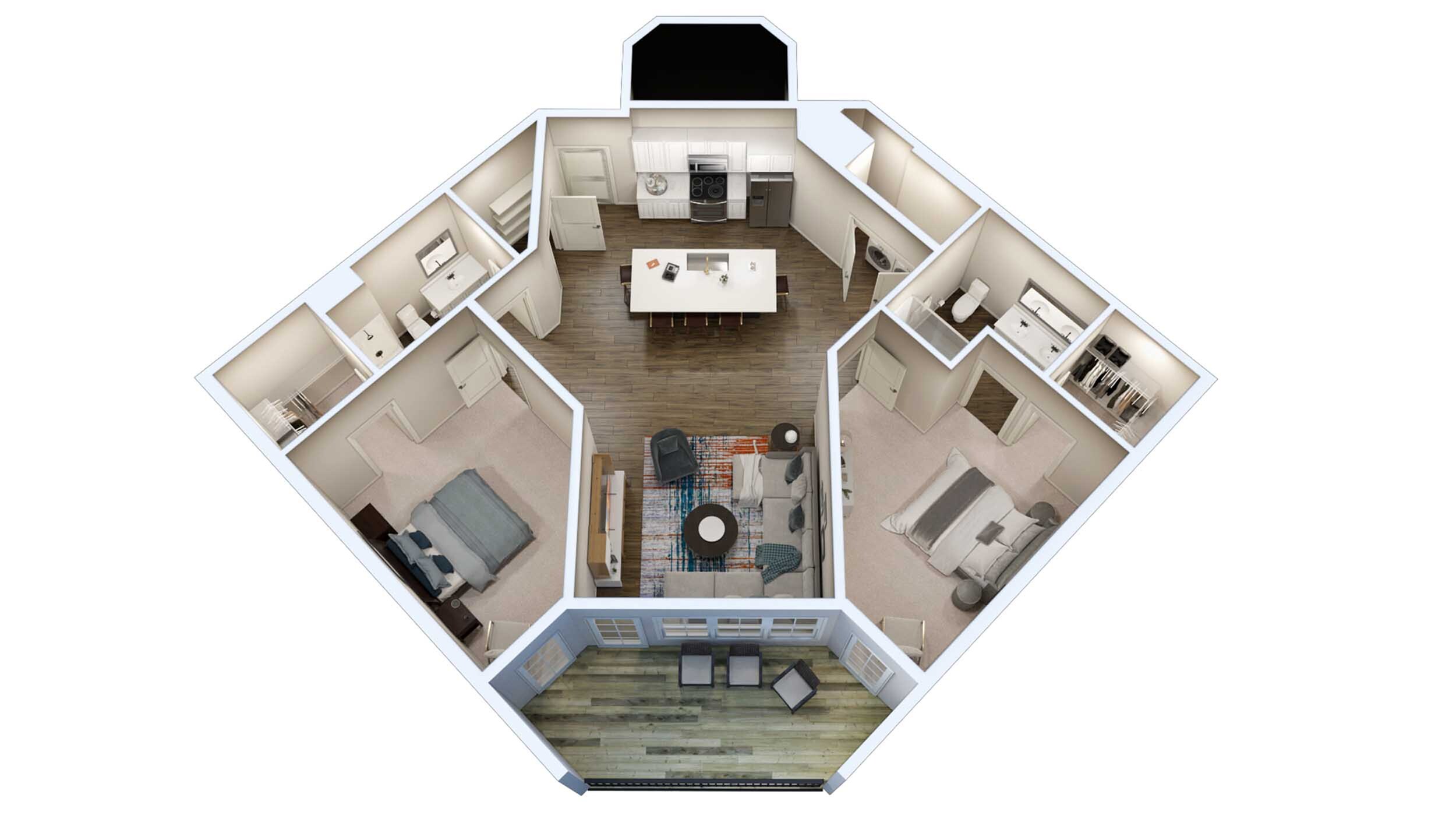 Modern 3D floor plan with two bedrooms, open-concept kitchen, and stylish living area leading to a spacious balcony.