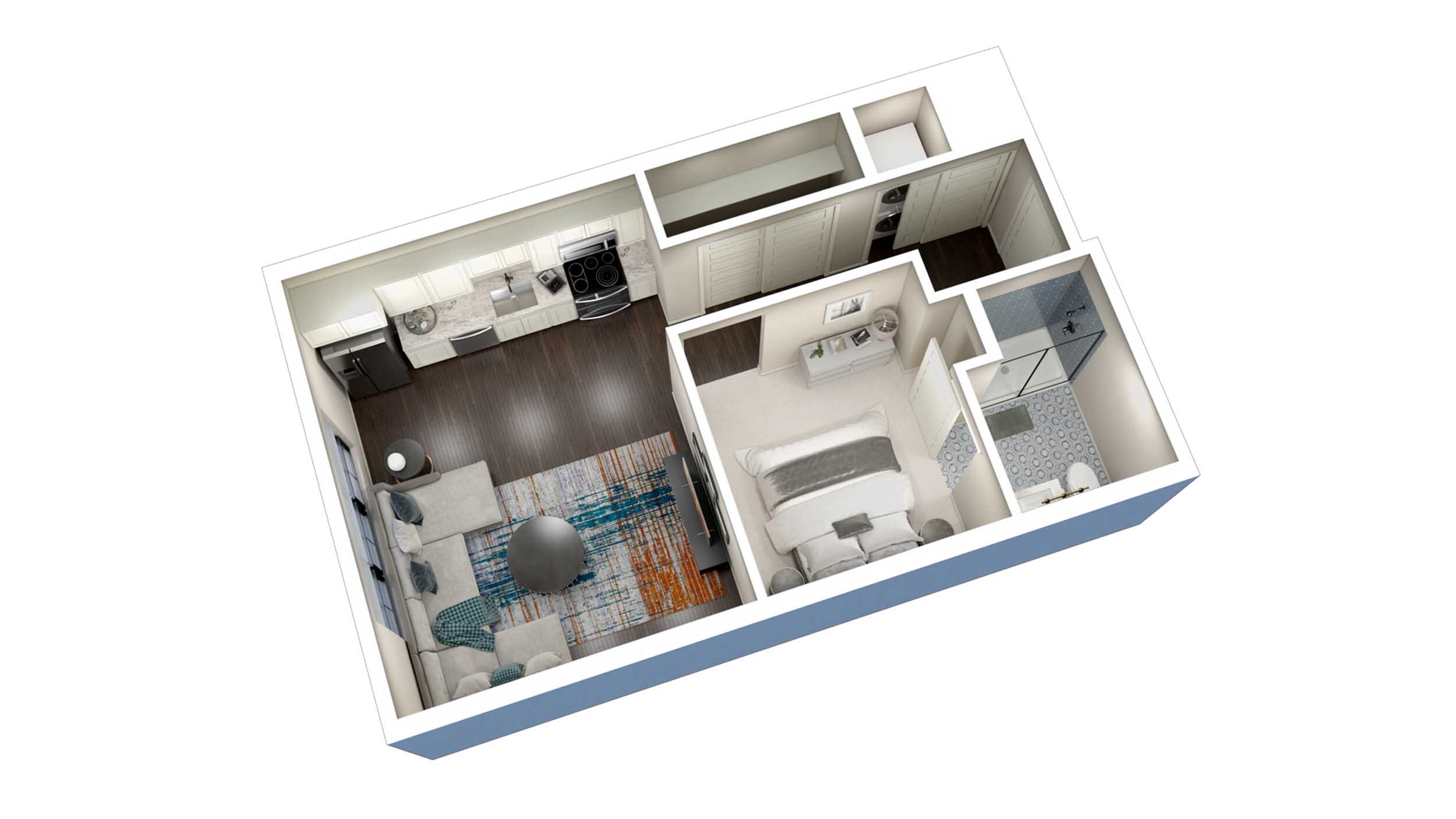 Modern apartment 3D floor plan showcasing a cozy bedroom, sleek bathroom, open-concept kitchen, and inviting living area with stylish decor.