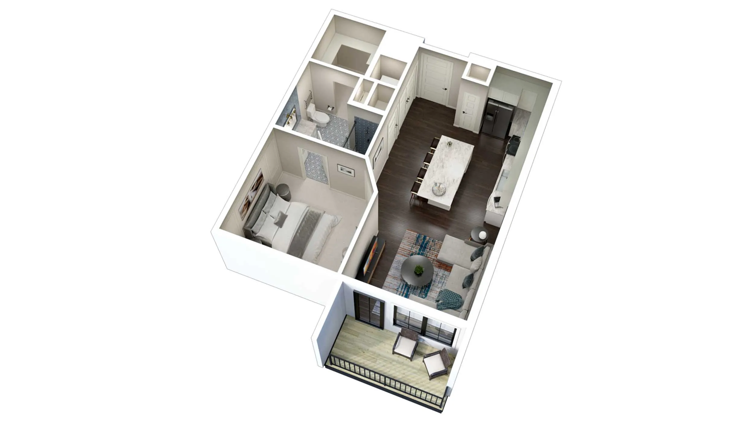 Modern apartment layout featuring a cozy bedroom, sleek bathroom, gourmet kitchen, open living area, and a stylish balcony.