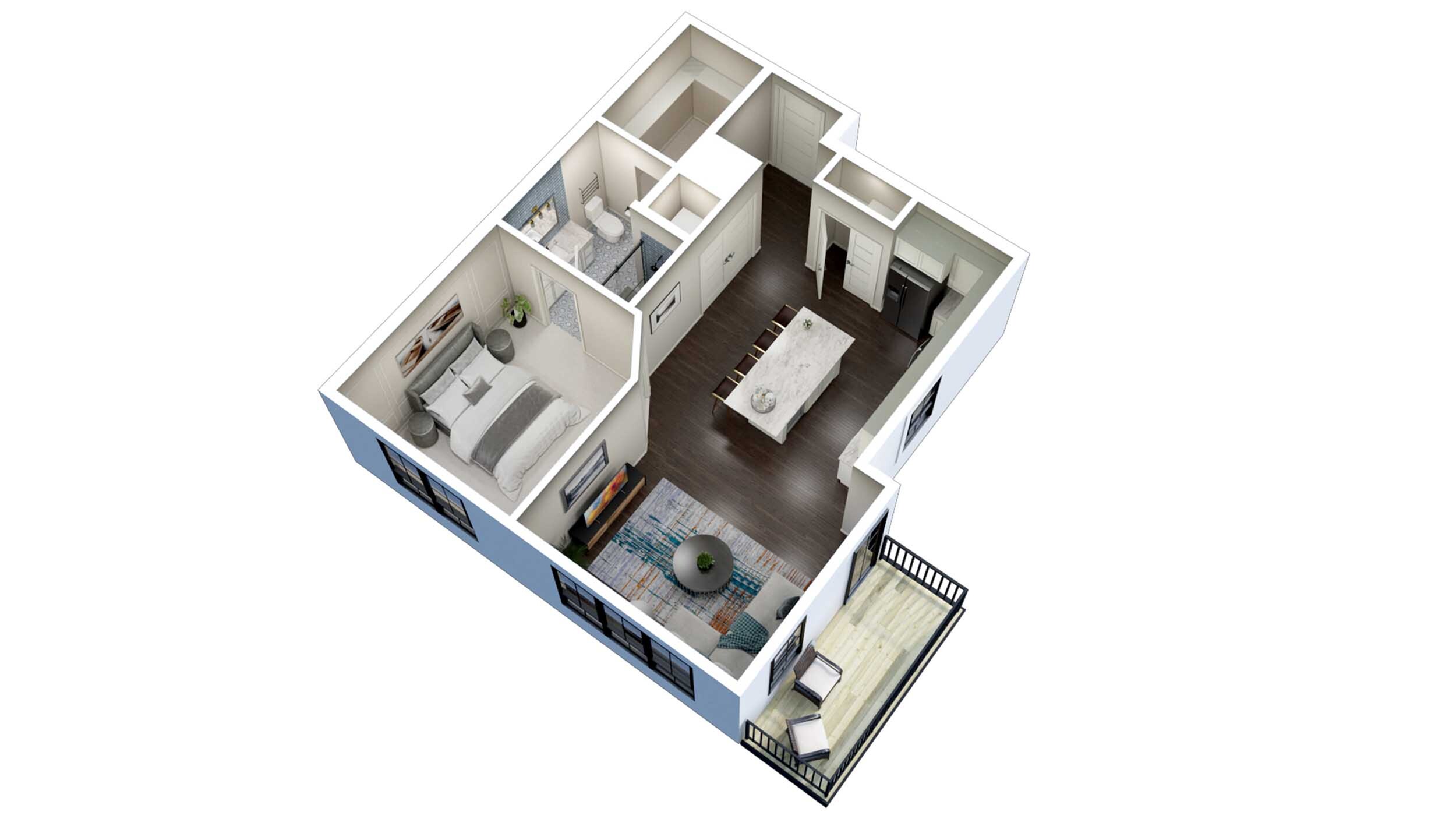 Chic 3D apartment layout featuring one bedroom, modern kitchen, cozy living area, and inviting balcony.