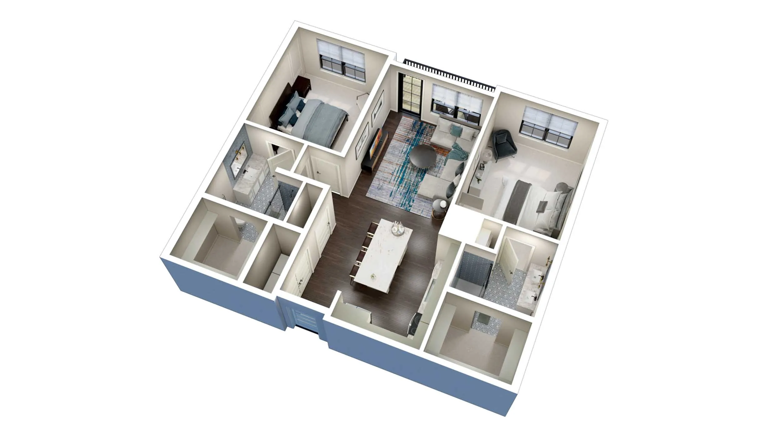 Modern 3D floor plan showcasing two cozy bedrooms, an elegant living room, and a stylish kitchen with contemporary design.