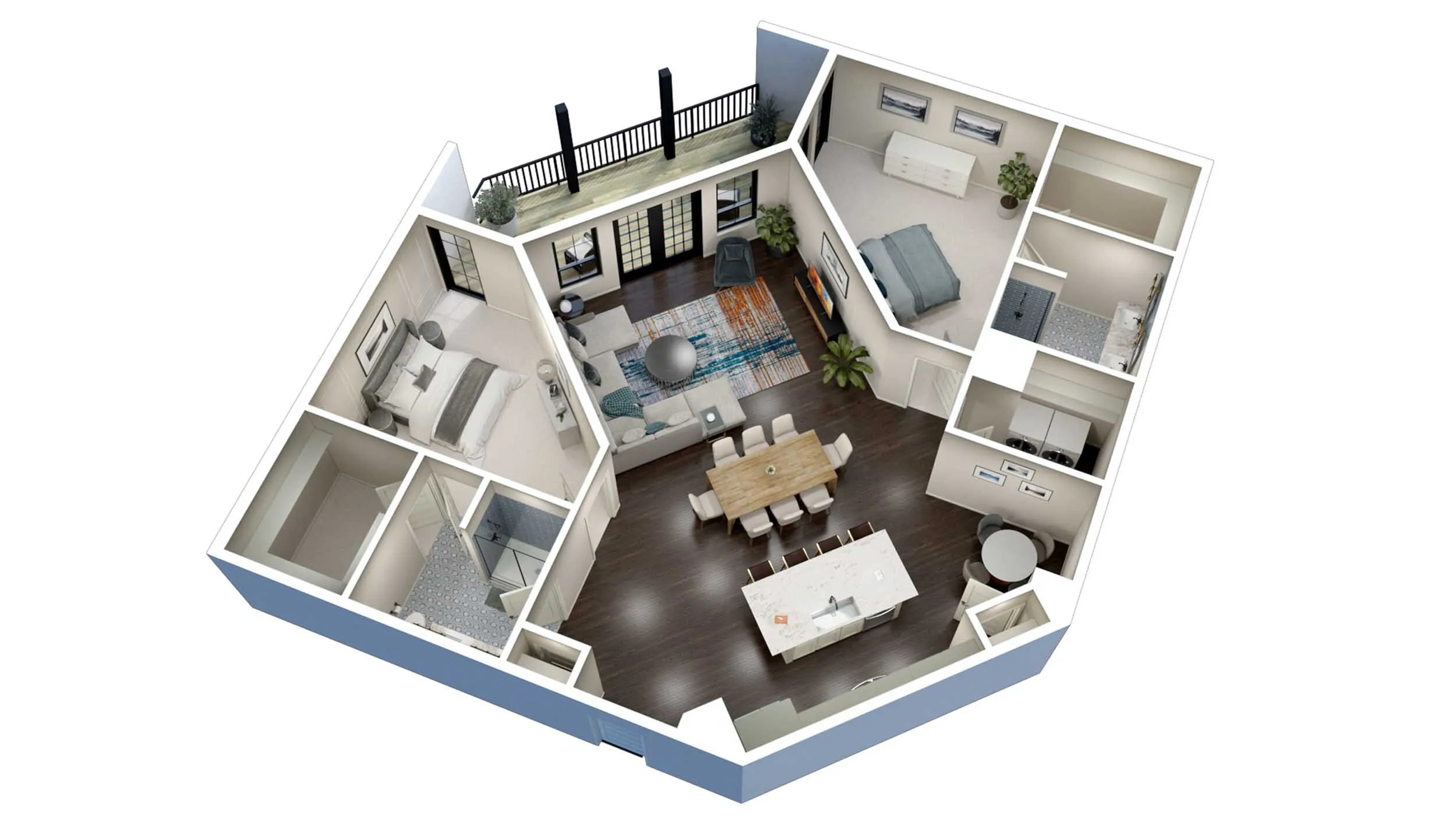 Modern 3D floor plan showcasing open-concept living area, two cozy bedrooms, spacious dining room, and a sleek kitchen with a breakfast bar.