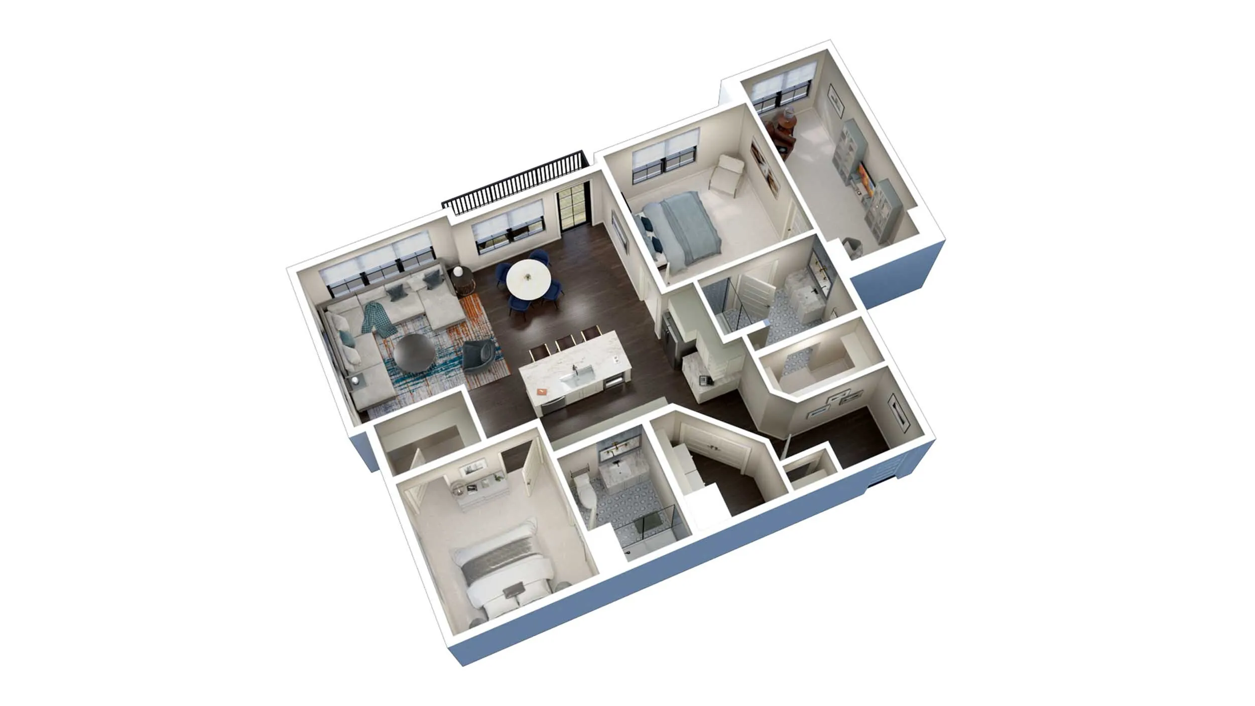 Elegant 3D floor plan showcasing a modern apartment with two bedrooms, a spacious living area, and a sleek open kitchen.