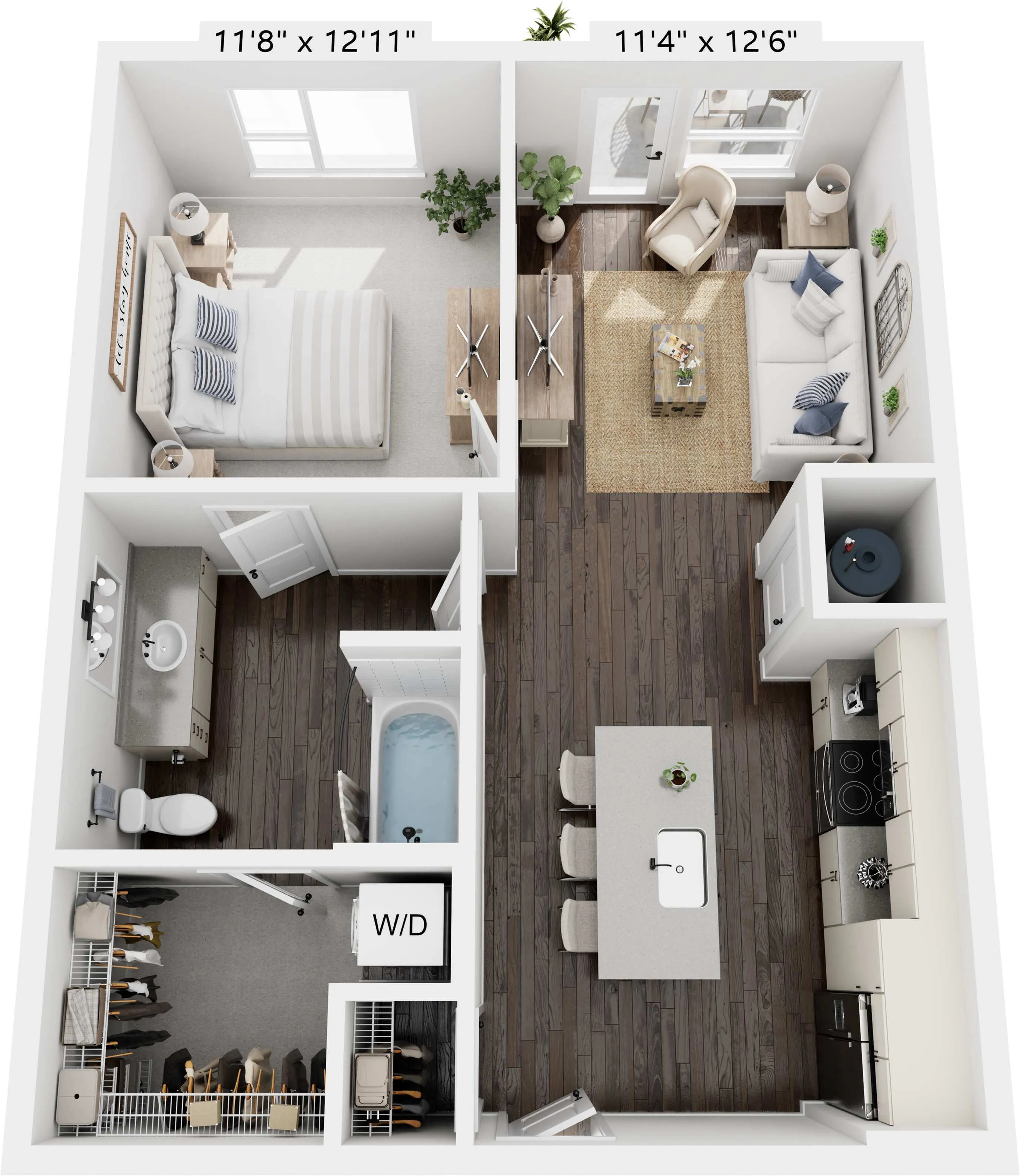 Chic 3D floor plan showcasing a spacious 1-bedroom apartment with modern open-concept living area and sleek kitchen design.