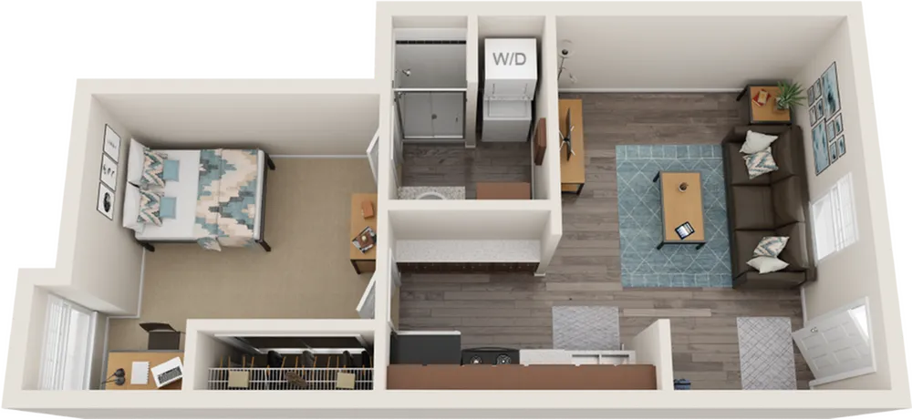 Modern 2D floor plan featuring a spacious bedroom, sleek kitchen with a counter, cozy living area, dedicated study nook, and efficient in-unit washer and dryer.