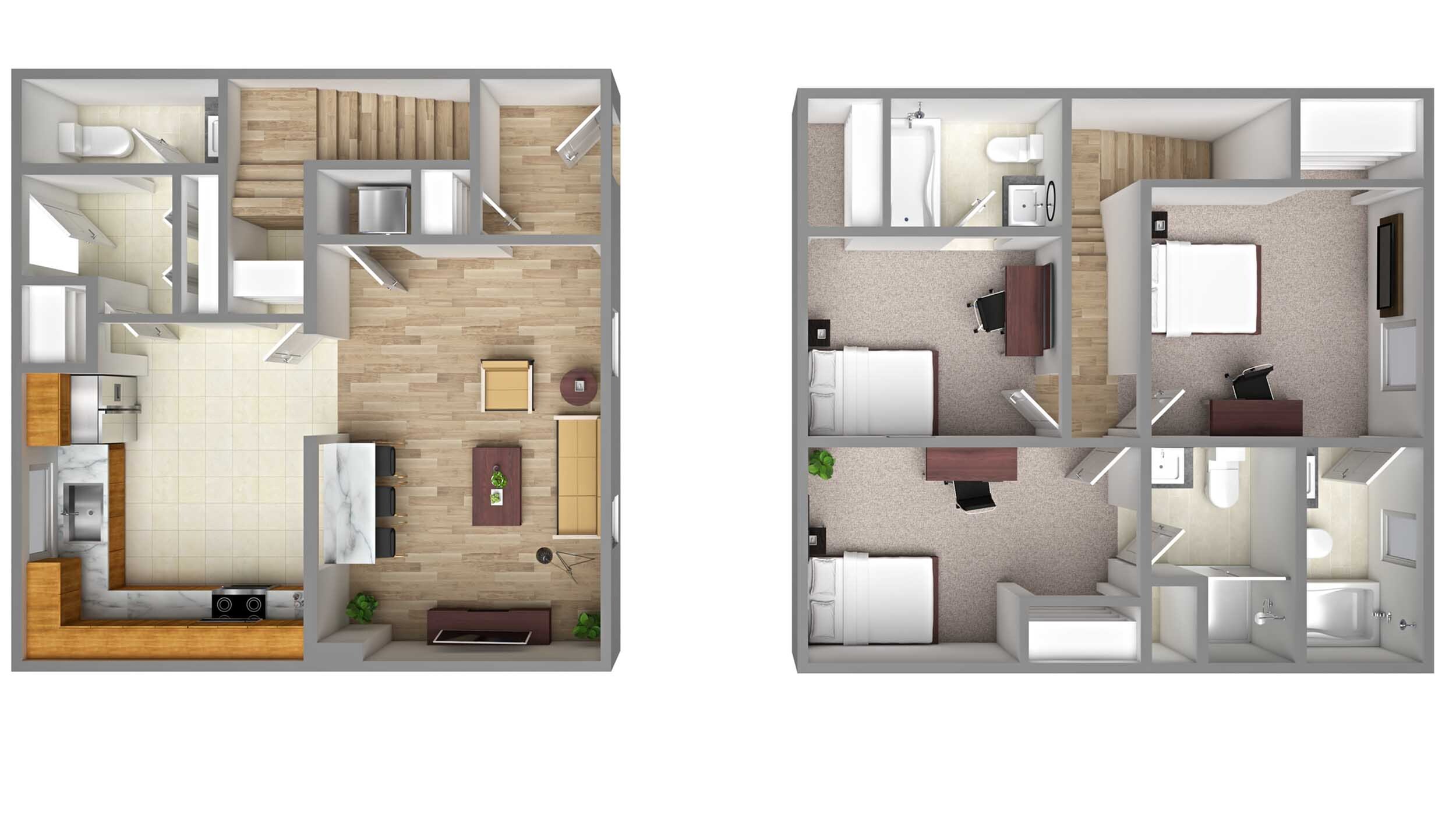 Modern 3D floor plan featuring a spacious two-story layout with a cozy living room, functional kitchen, and three bedrooms upstairs.