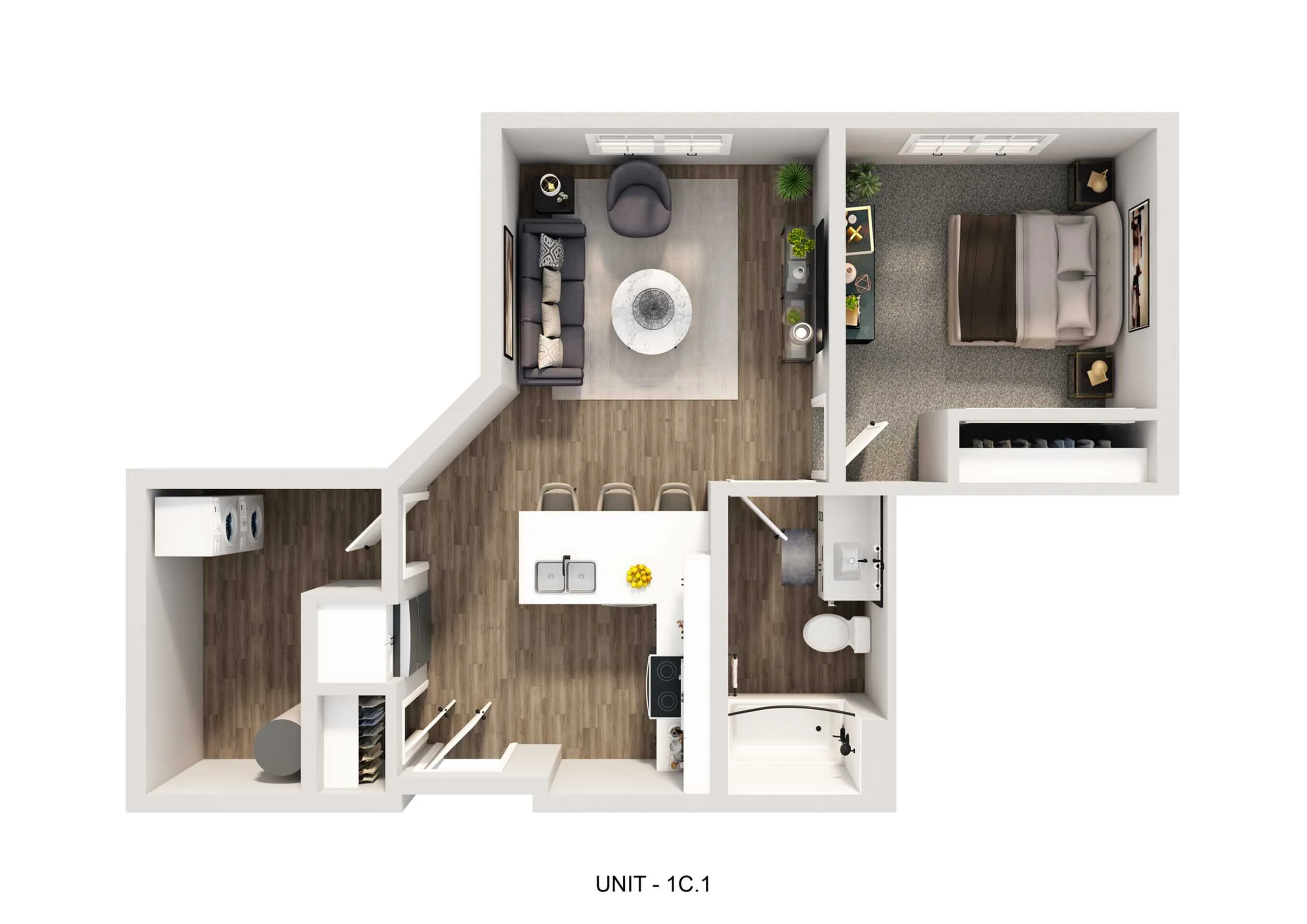 Modern 3D floor plan for Unit 1C.1 featuring a cozy bedroom, integrated living-dining area, stylish kitchen, and compact bathroom.