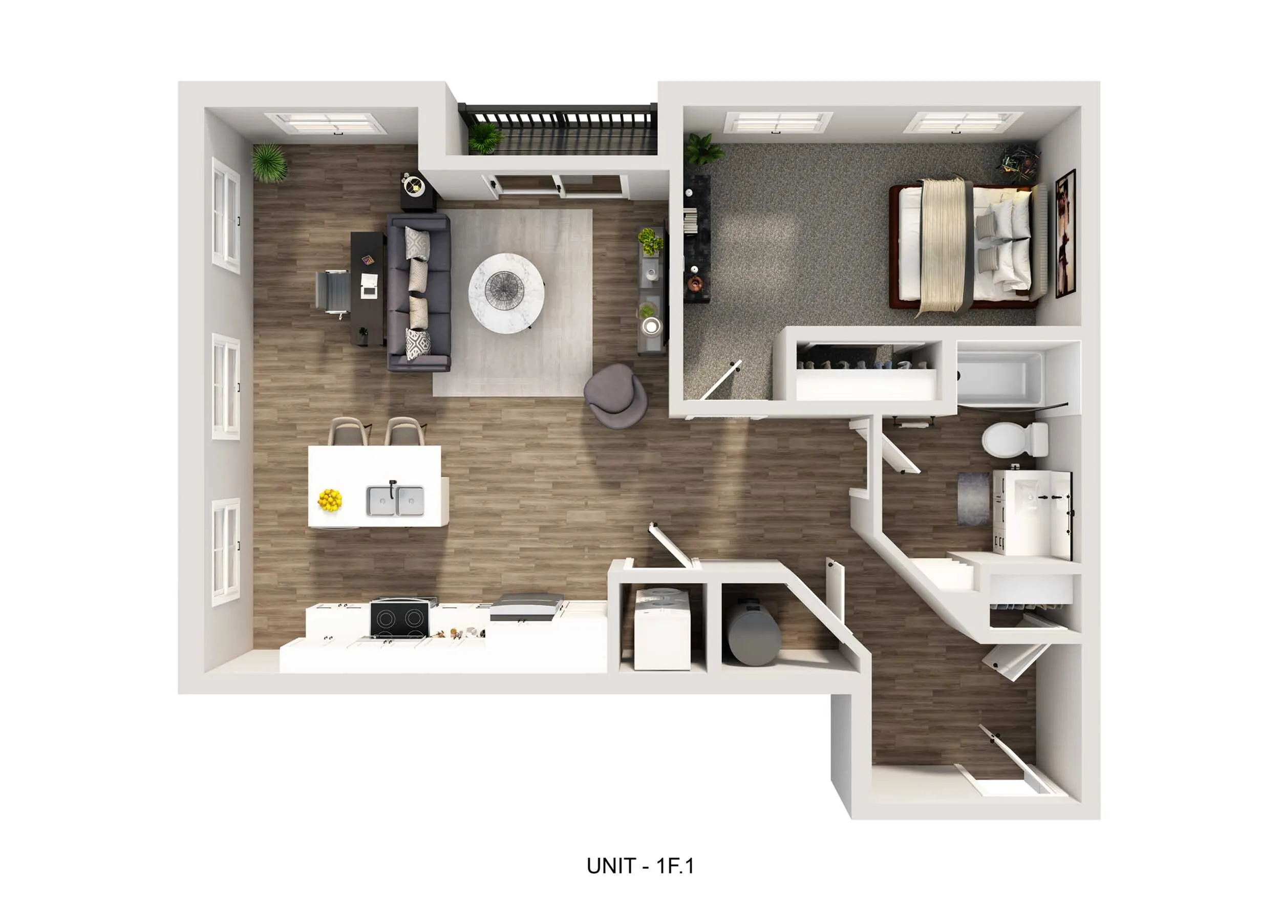 Modern 3D floor plan featuring a cozy one-bedroom layout with an open-concept living and kitchen area, stylish bathroom, and ample natural light.