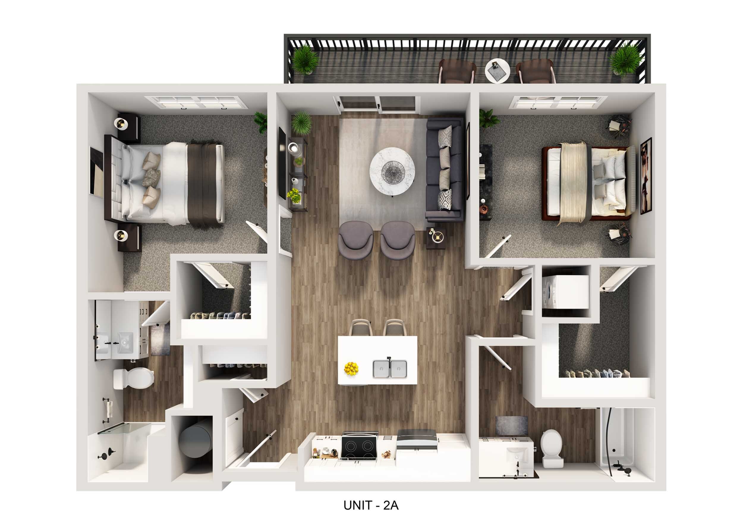 Inviting floor plan of Unit 2A showcasing two cozy bedrooms, modern kitchen, stylish open-concept living area, and private balcony for relaxation.