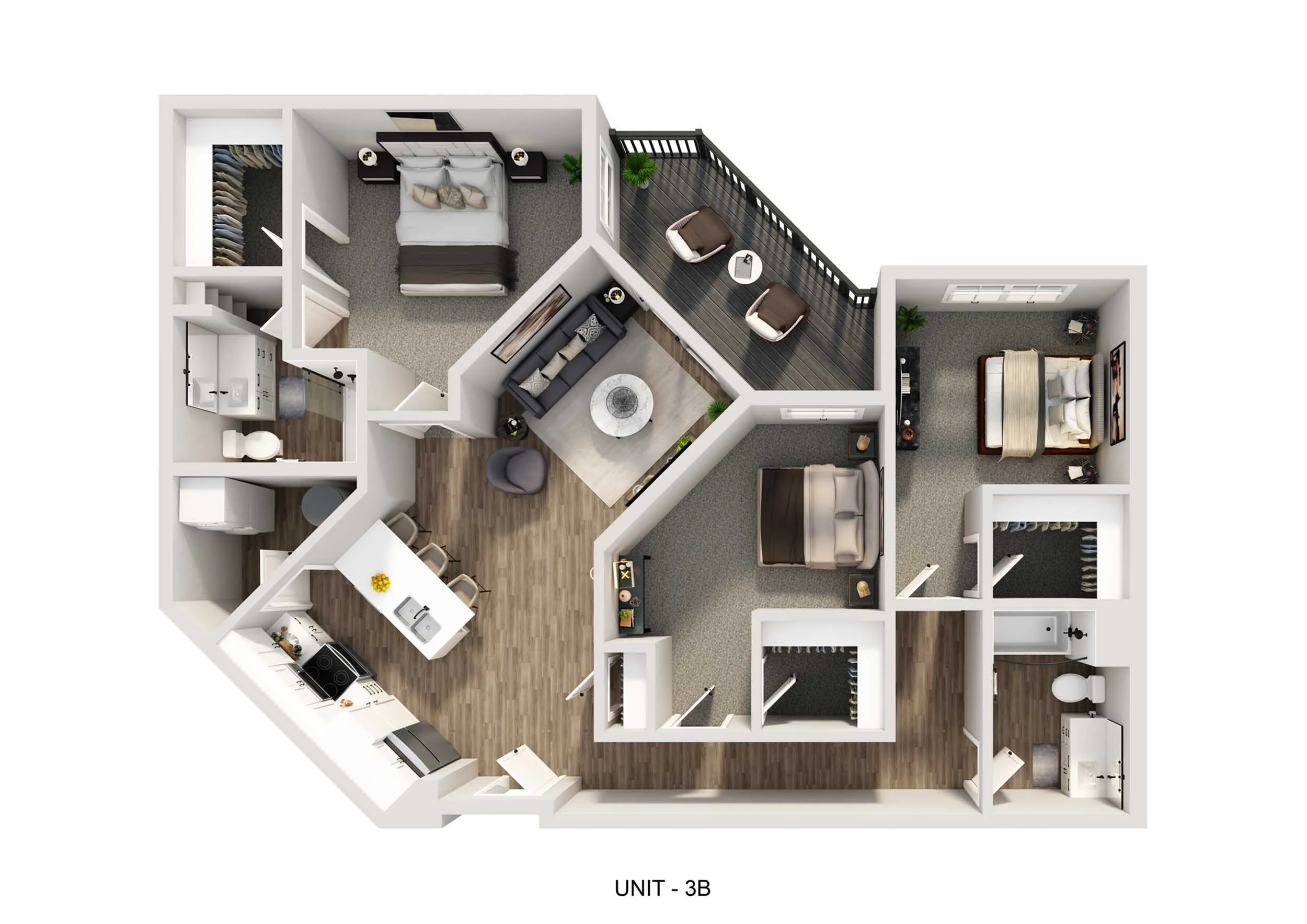 Chic Unit 3B floor plan with 3 cozy bedrooms, an inviting living room, modern kitchen, and a relaxing balcony.