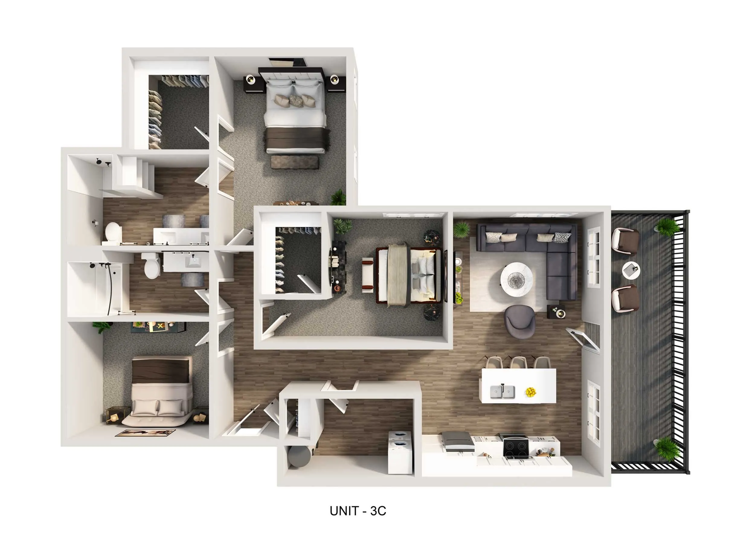 Modern floor plan for Unit 3C featuring 3 bedrooms, an open kitchen with an island, a cozy living room, and a private balcony with elegant seating.