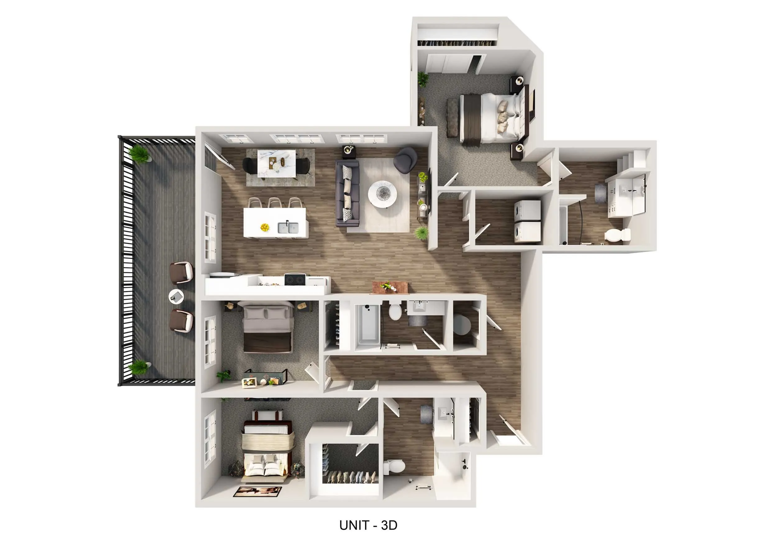 Modern 3D floor plan showcasing a spacious unit with three bedrooms, a stylish open-concept living area, and a private balcony ideal for relaxation.