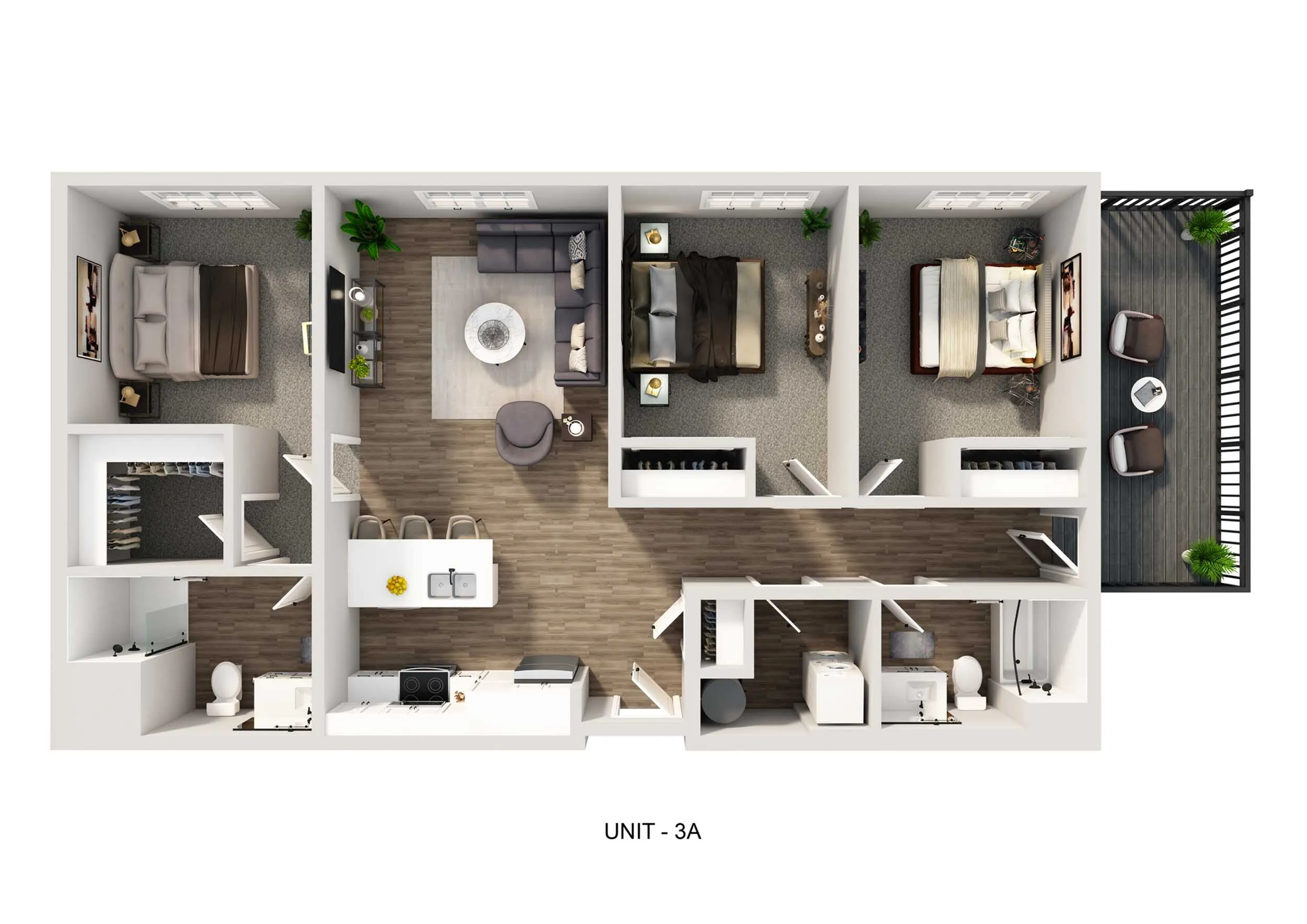 Modern floor plan for Unit 3A featuring 3 bedrooms, a spacious open-concept living area, sleek kitchen with an island, and an inviting balcony.