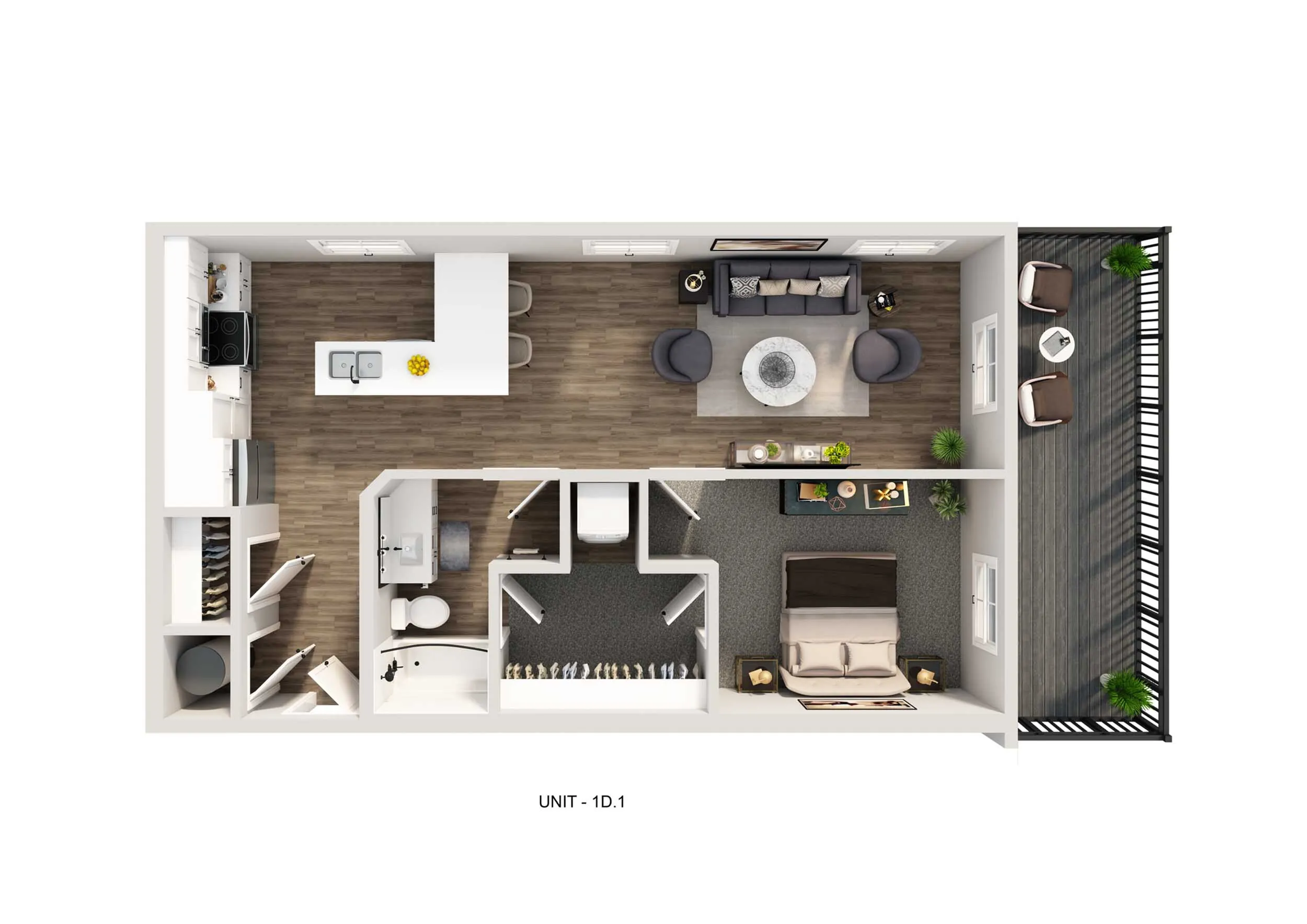 Modern floor plan showcasing a chic 1-bedroom unit with an open-concept kitchen and living area, elegant bathroom, and expansive balcony.