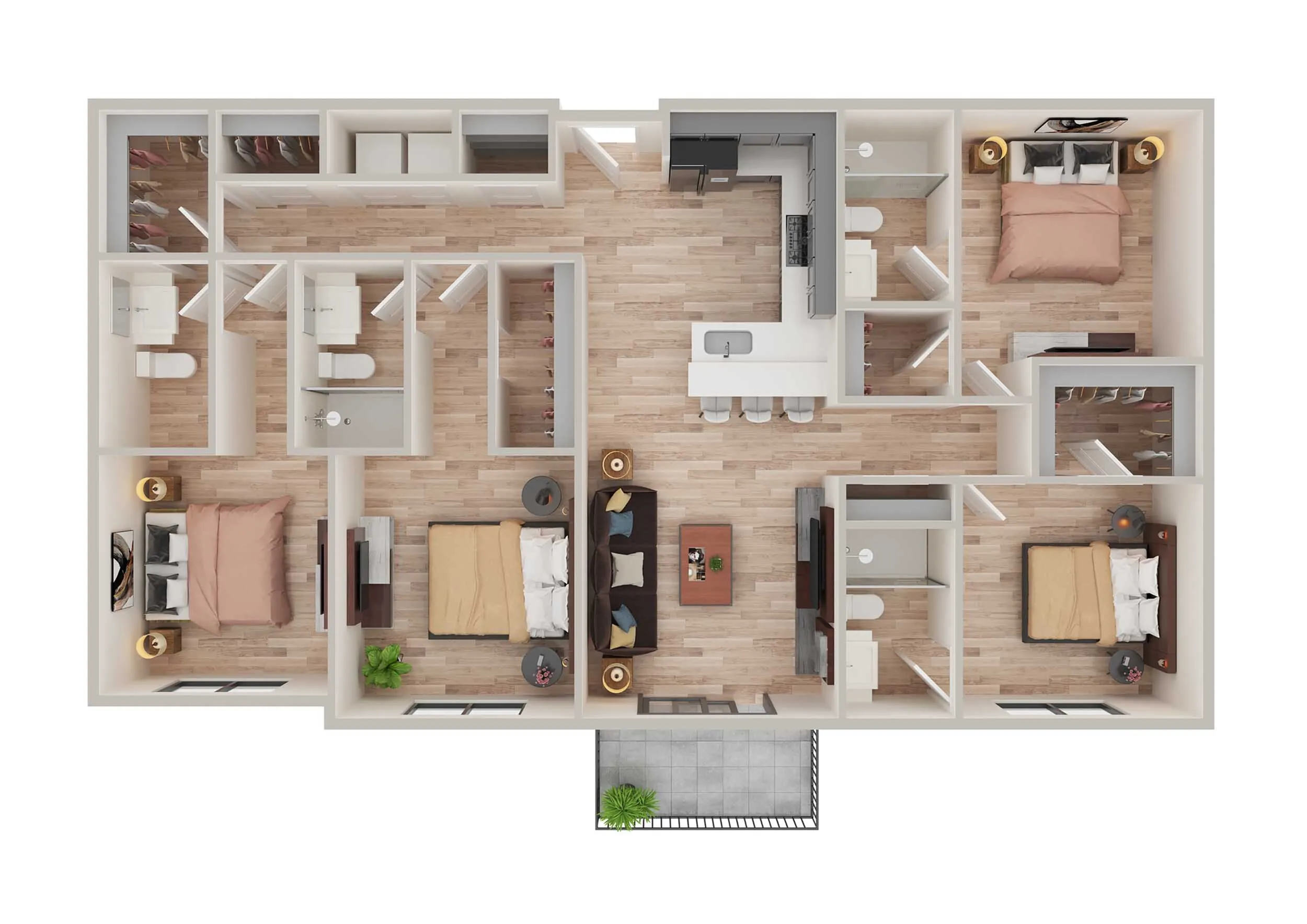 Spacious 3-bedroom floor plan with modern kitchen, open living area, and private balcony.