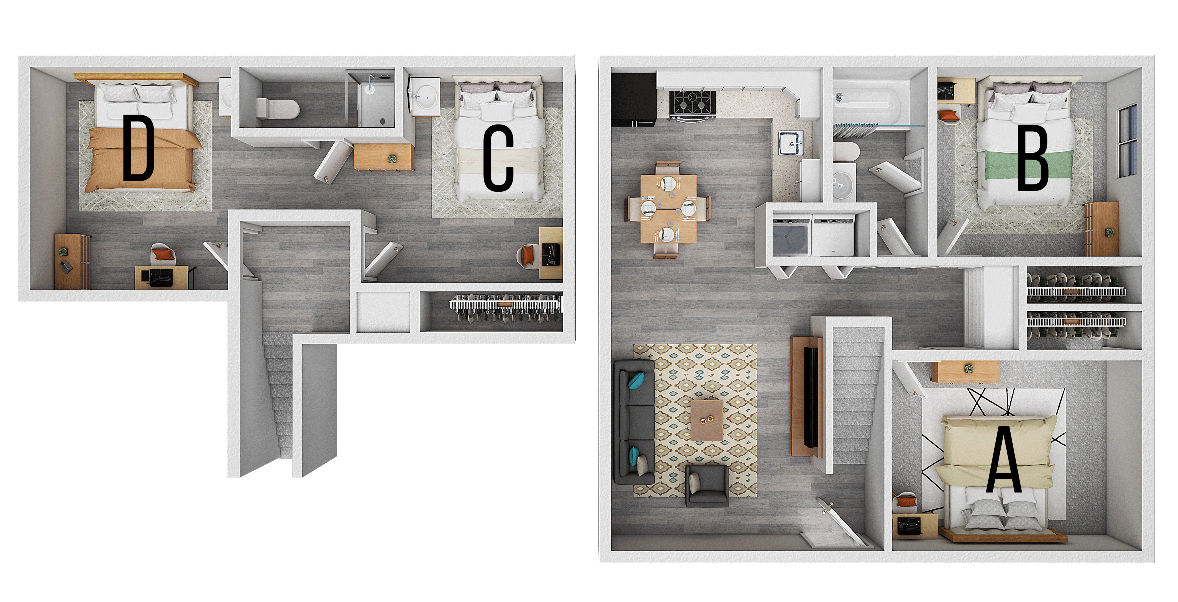Modern two-story apartment floor plan featuring four bedrooms, open-concept living and dining area, and a well-equipped kitchen for comfortable living.