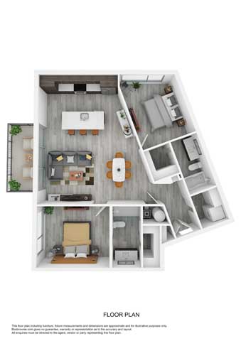Modern 3D floor plan showcasing an open-concept layout with 2 bedrooms, inviting living area, elegant kitchen, and private balcony.