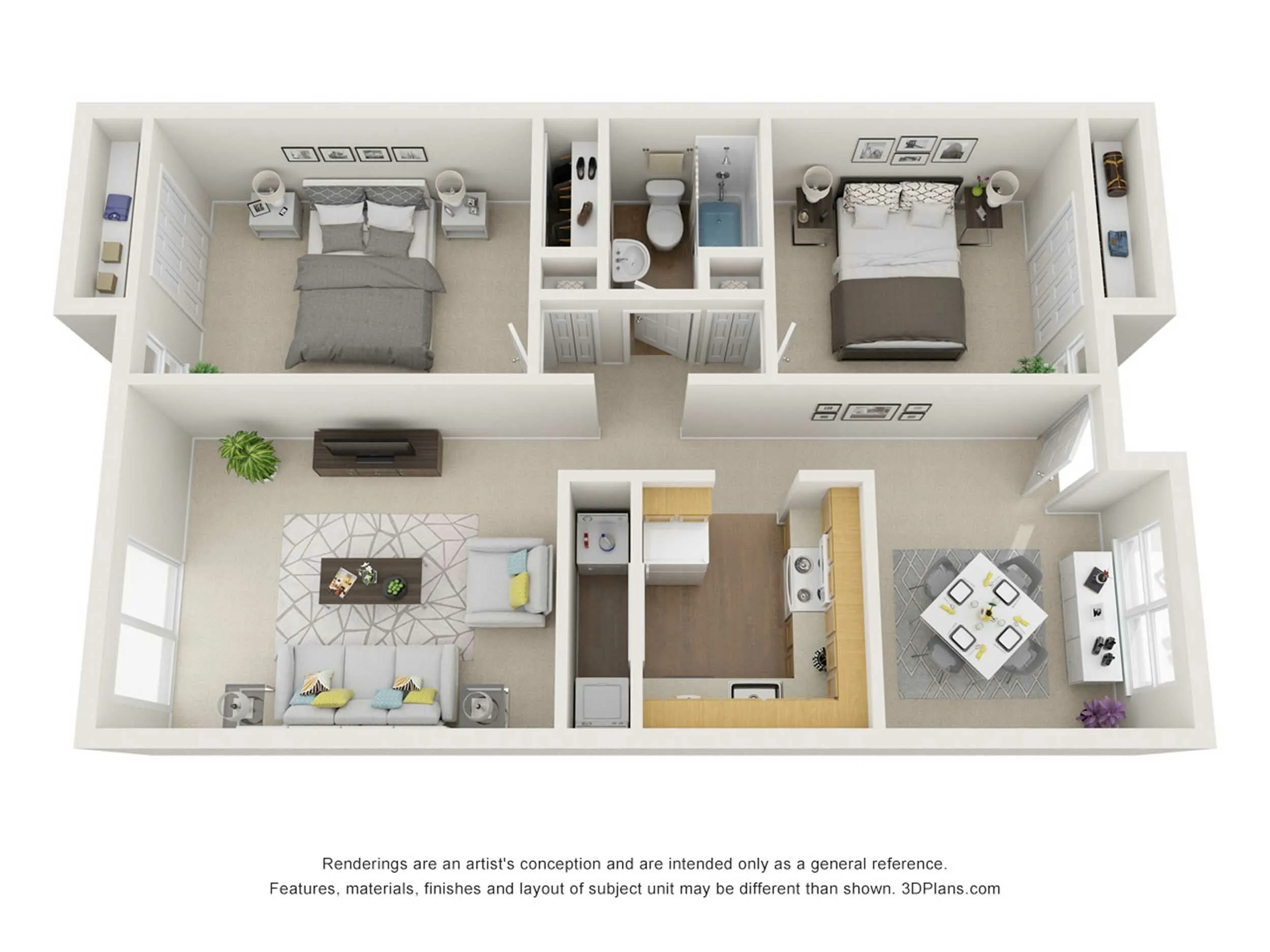 Contemporary 2-bedroom apartment floor plan showcasing an open living room, modern kitchen, and inviting dining area, ideal for stylish urban living.