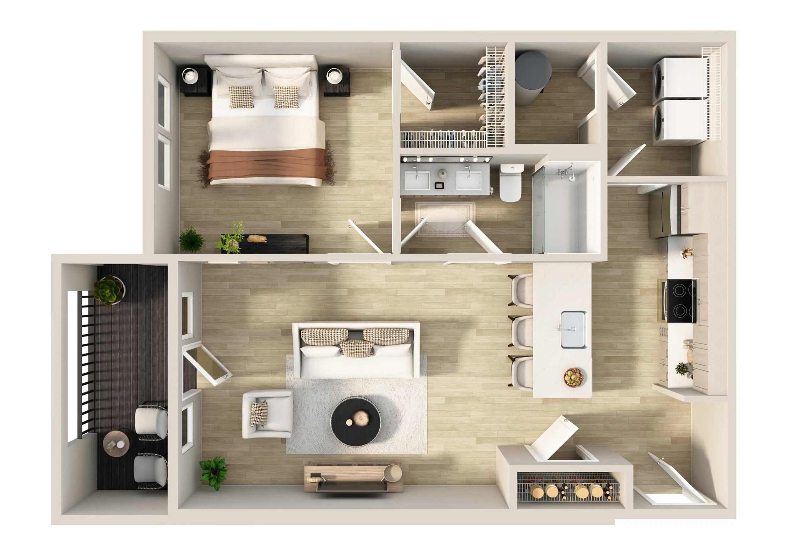 Charming 2D apartment floor plan showcasing a master bedroom, spacious living room, modern kitchen, and cozy dining area with a stylish balcony.
