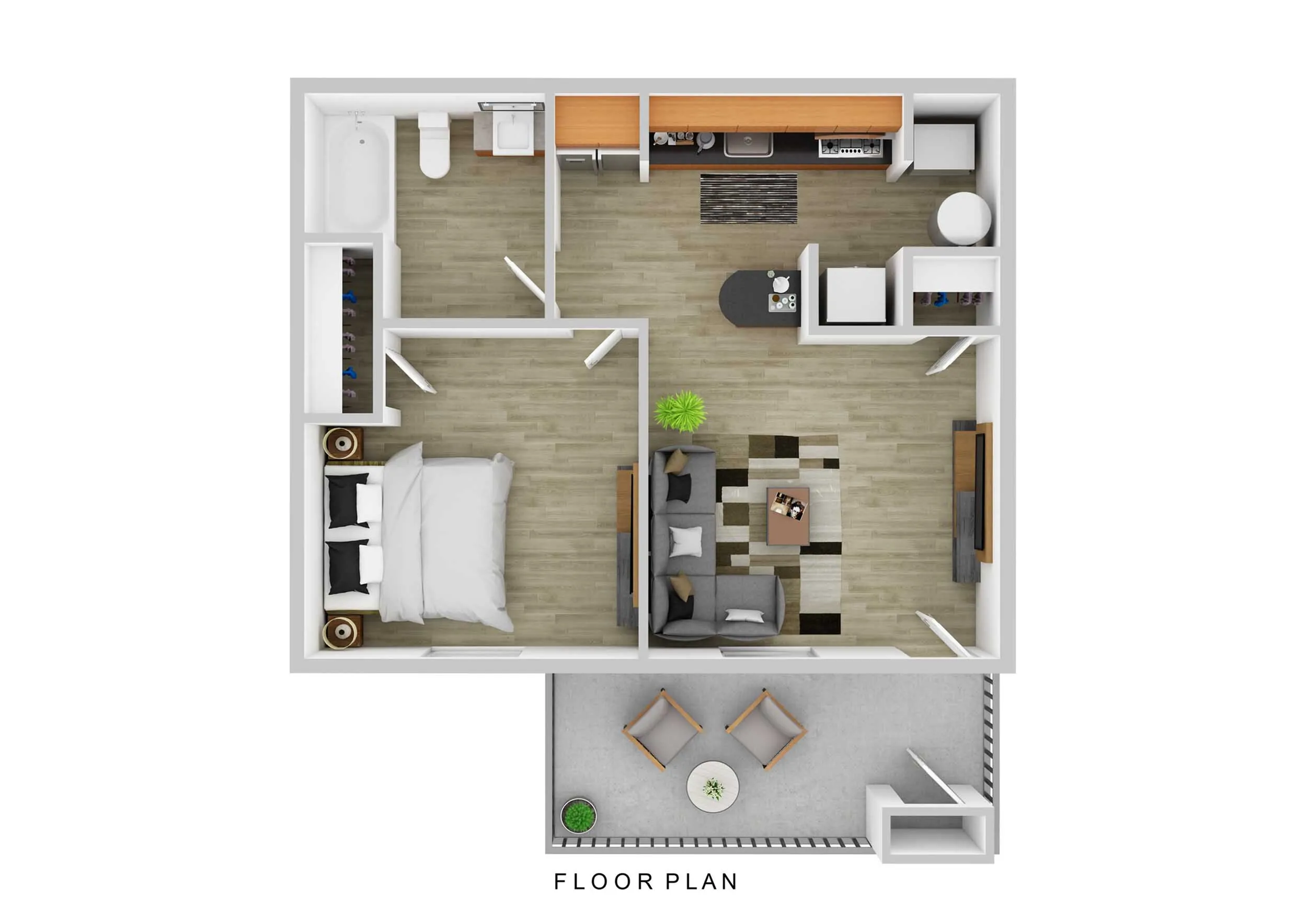Modern 3D floor plan showcasing a one-bedroom layout with an inviting open-concept living area, sleek kitchen, and cozy outdoor patio.