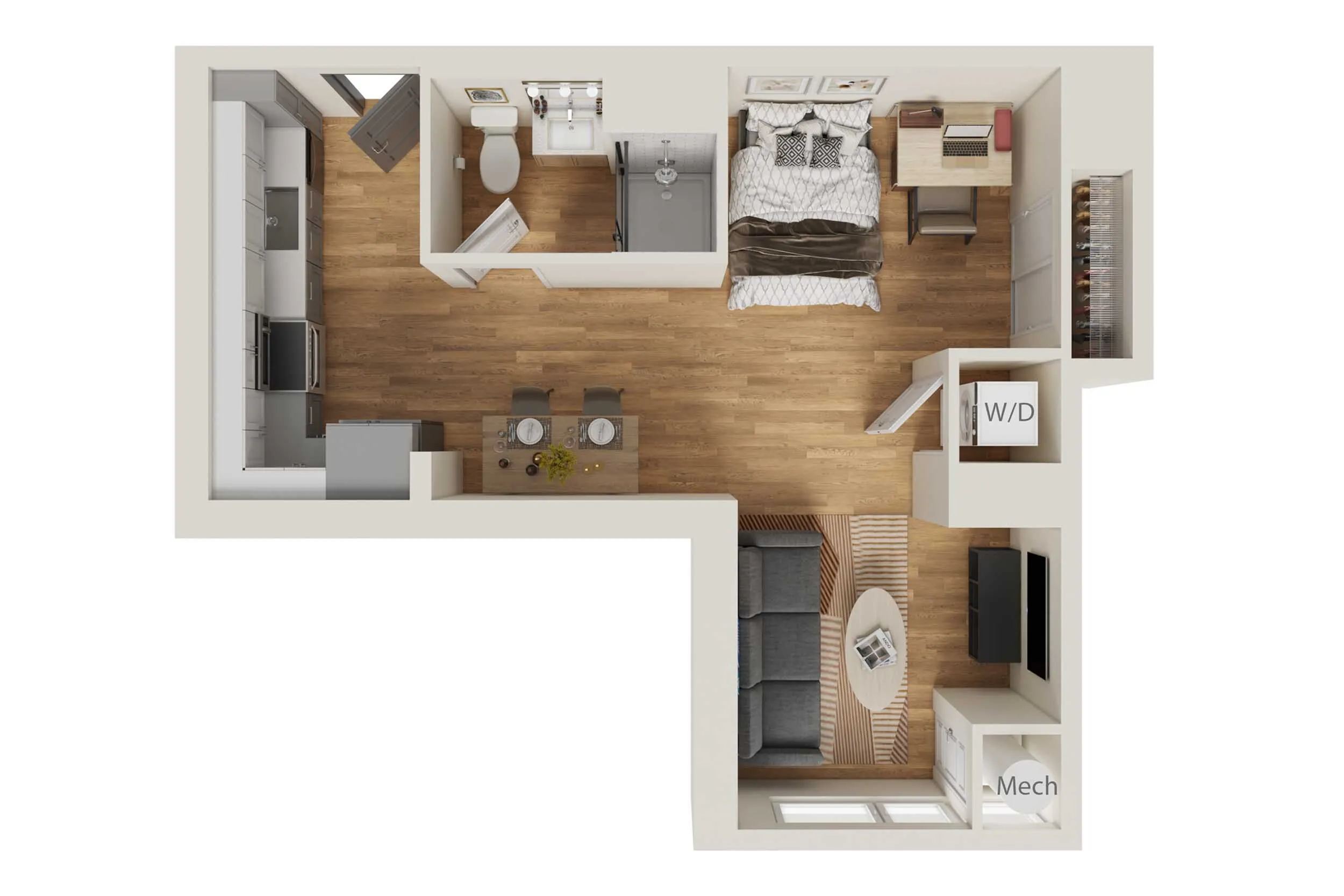 Modern L-shaped studio apartment floor plan showcasing an open-concept layout with a cozy bedroom, sleek kitchen, and inviting living area. Includes a compact bathroom, dedicated workspace, and convenient in-unit washer/dryer.