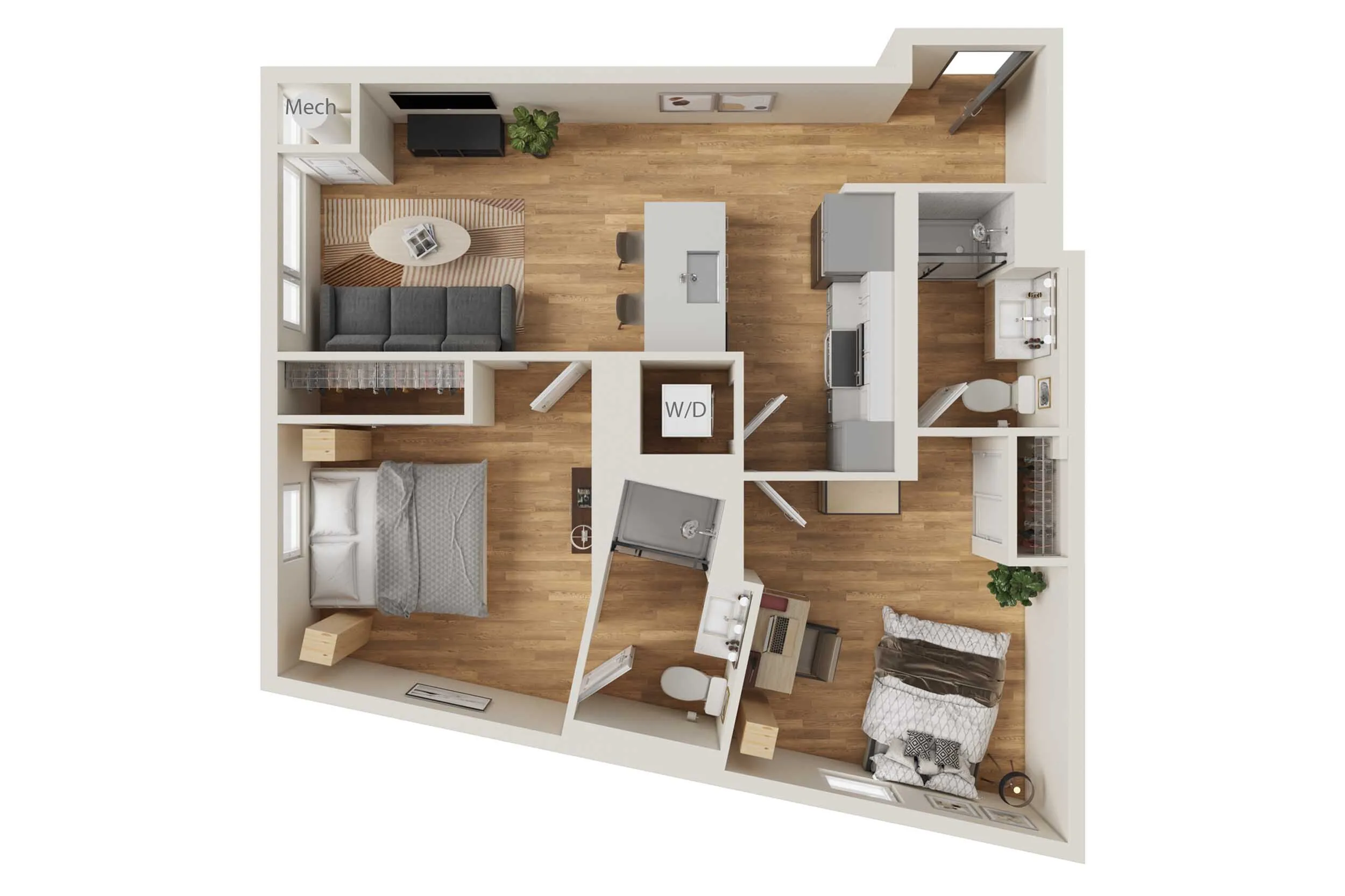 Modern 3D floor plan with 2 cozy bedrooms, an open living area, sleek kitchen, and elegant bathroom, offering a spacious and inviting layout.